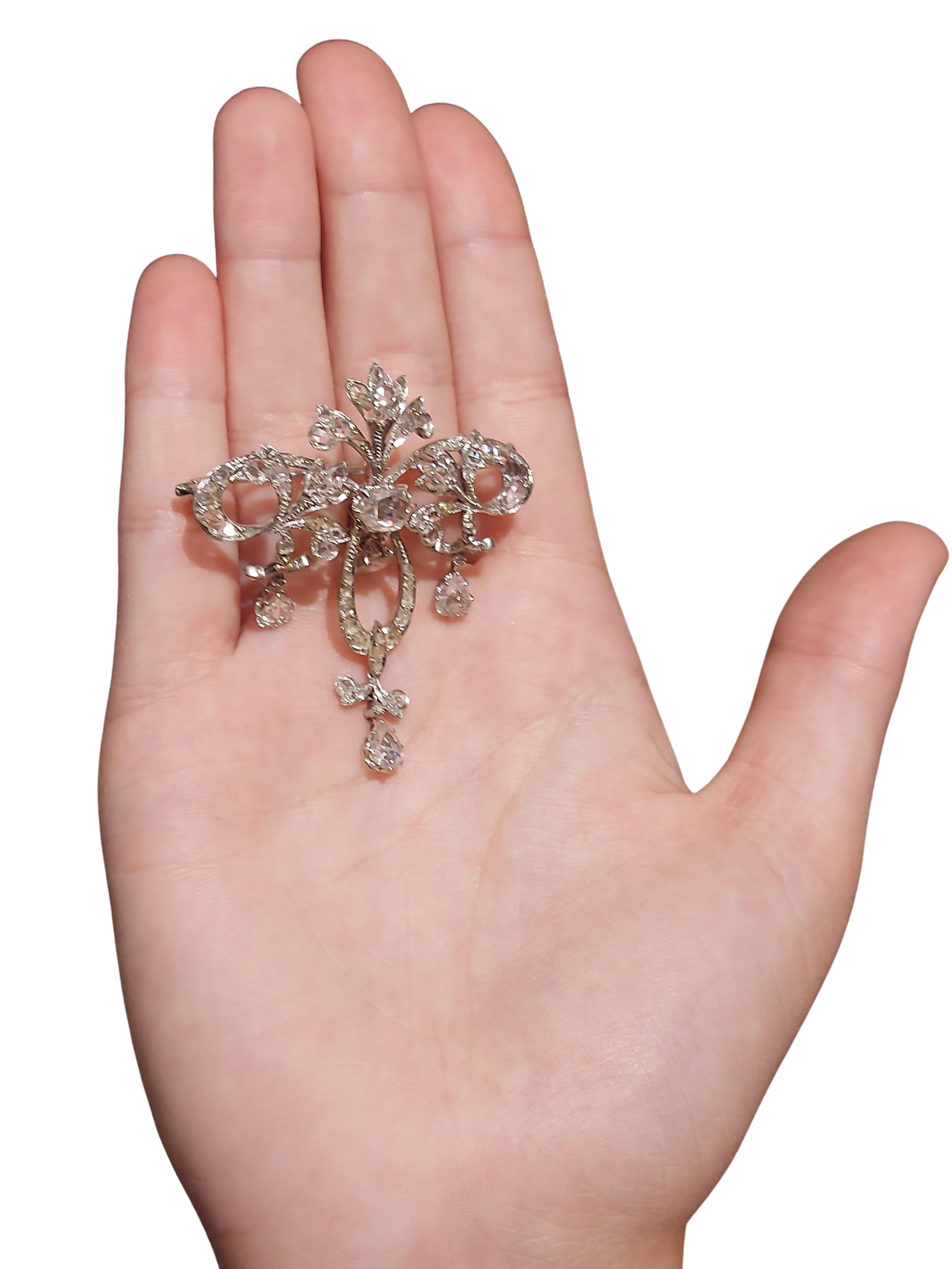 Broche / collier en platine avec diamants taille rose en vente 7