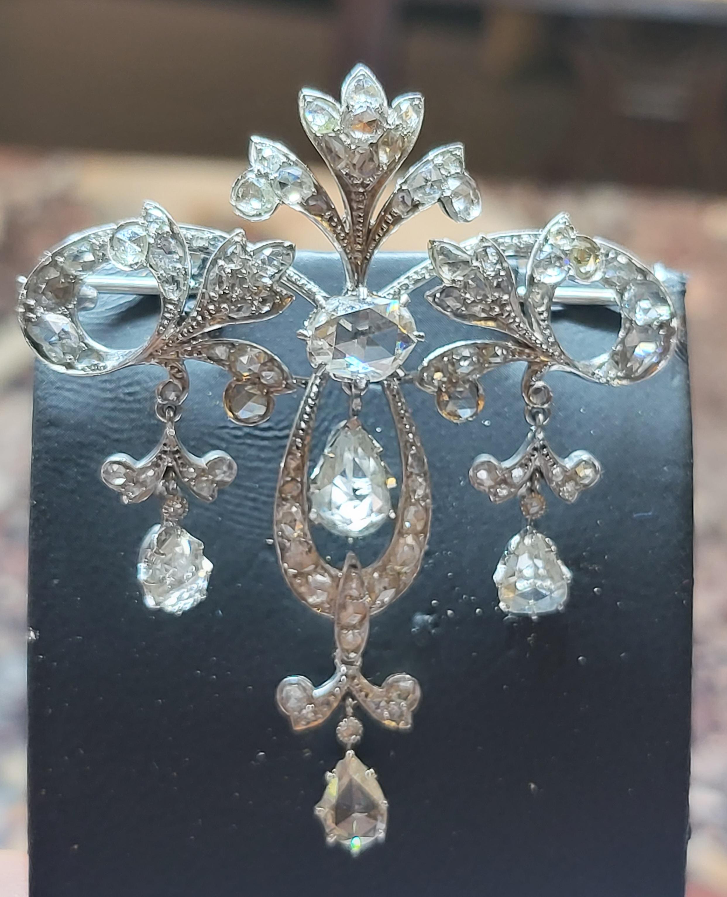 Platinum Brooch / Necklace with Rose Cut Diamonds For Sale 11