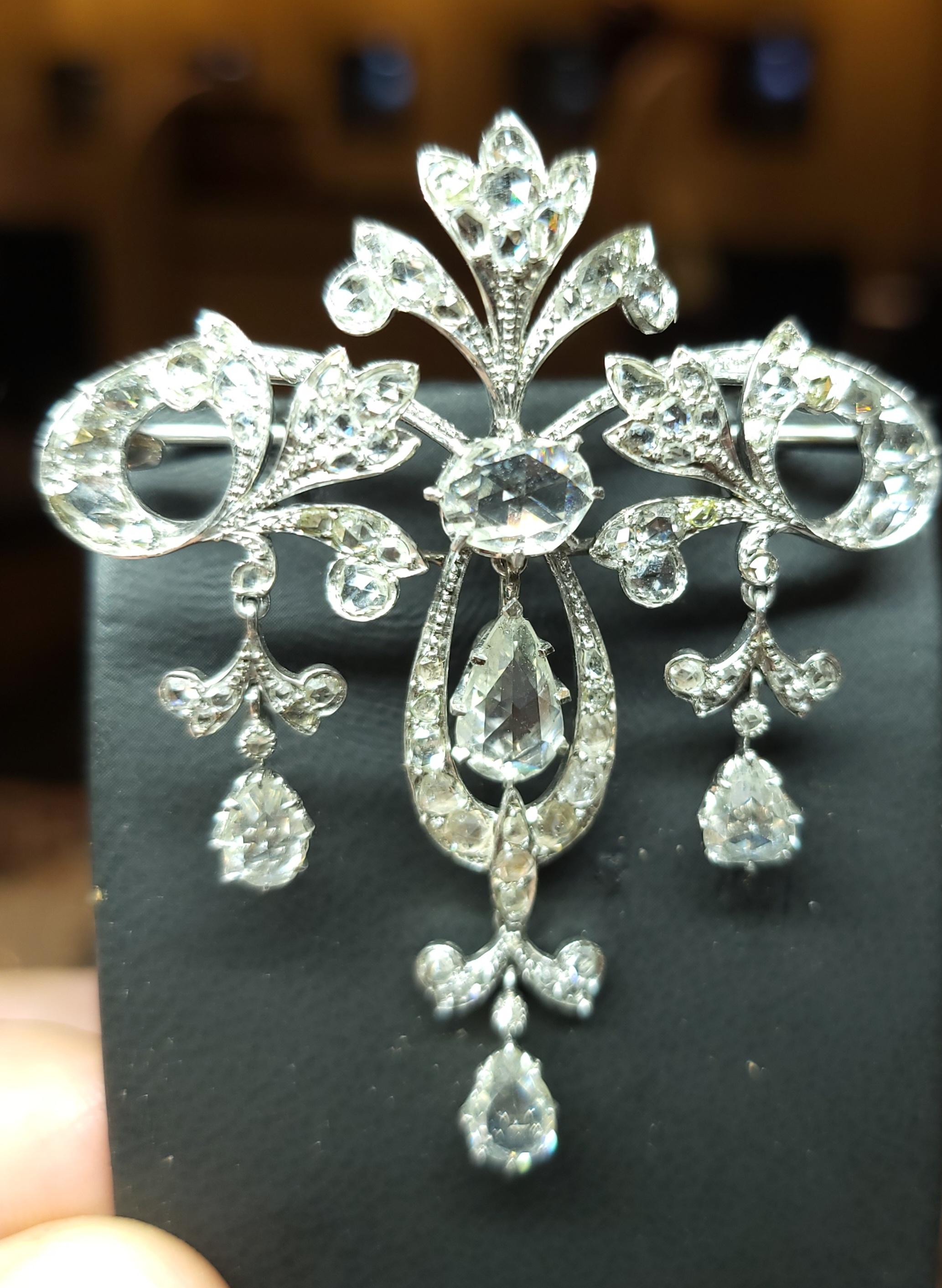 Platinum Brooch / Necklace with Rose Cut Diamonds For Sale 12