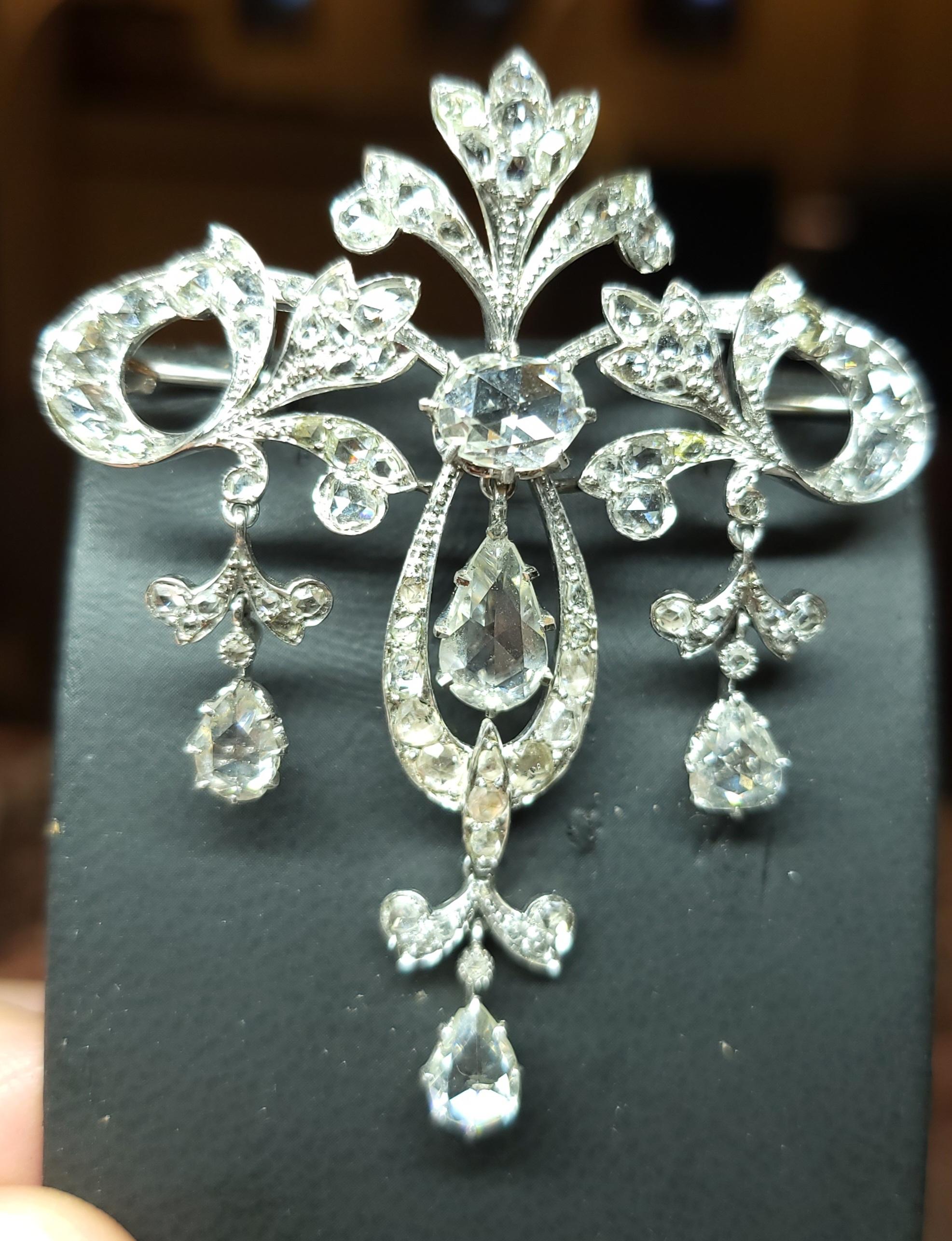 Artisan Platinum Brooch / Necklace with Rose Cut Diamonds For Sale