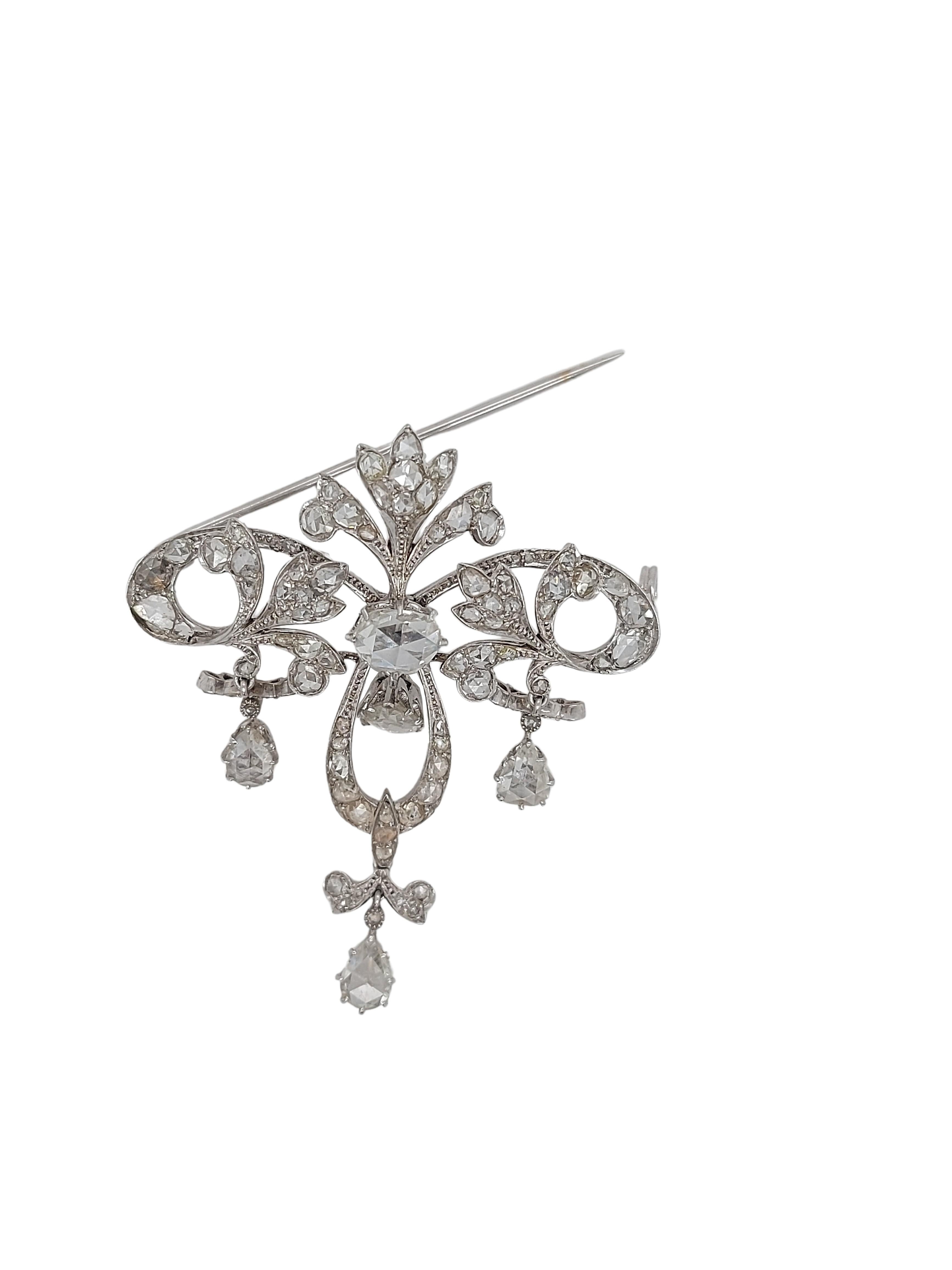 Platinum Brooch / Necklace with Rose Cut Diamonds In Excellent Condition For Sale In Antwerp, BE