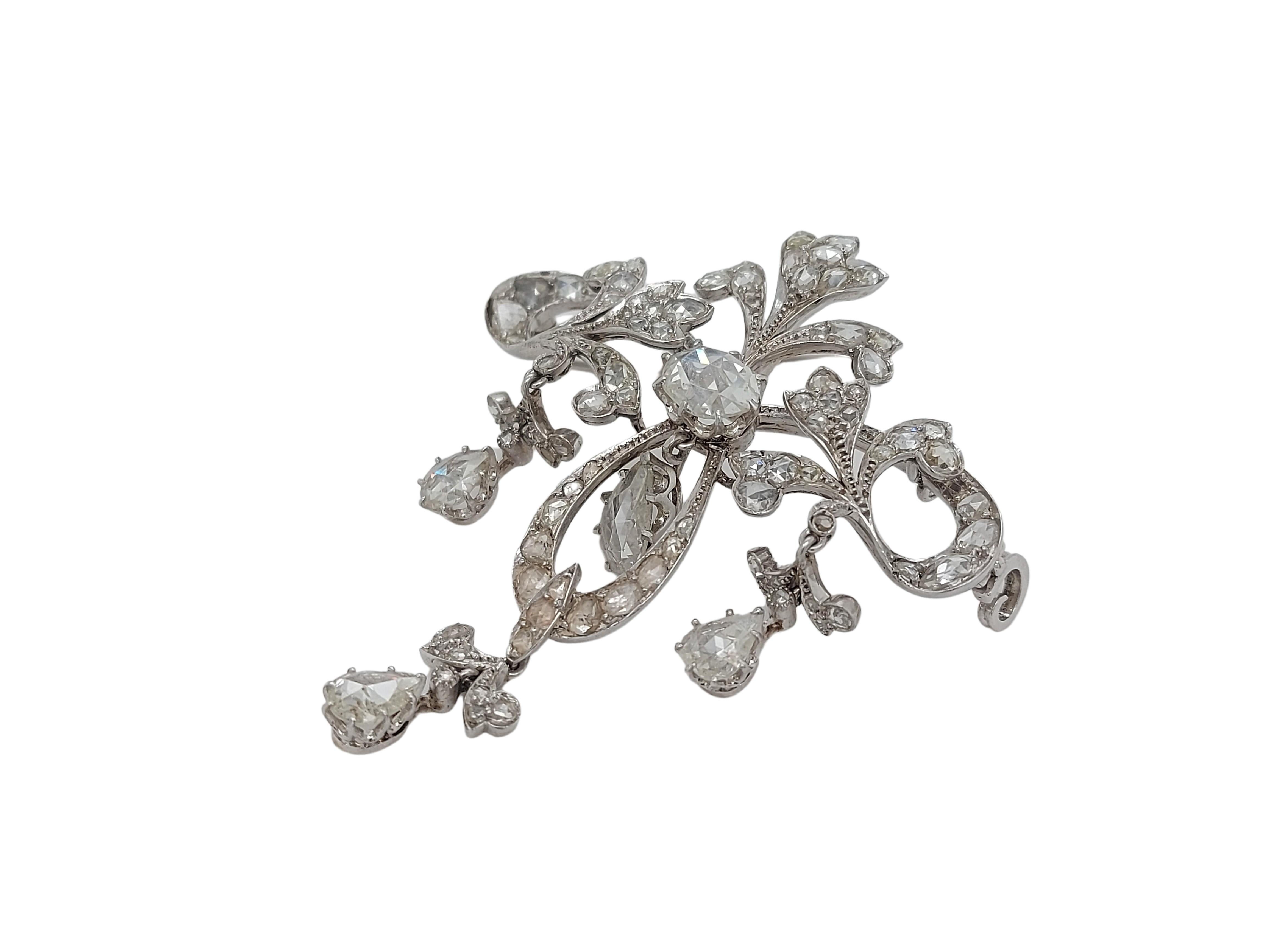 Women's Platinum Brooch / Necklace with Rose Cut Diamonds For Sale