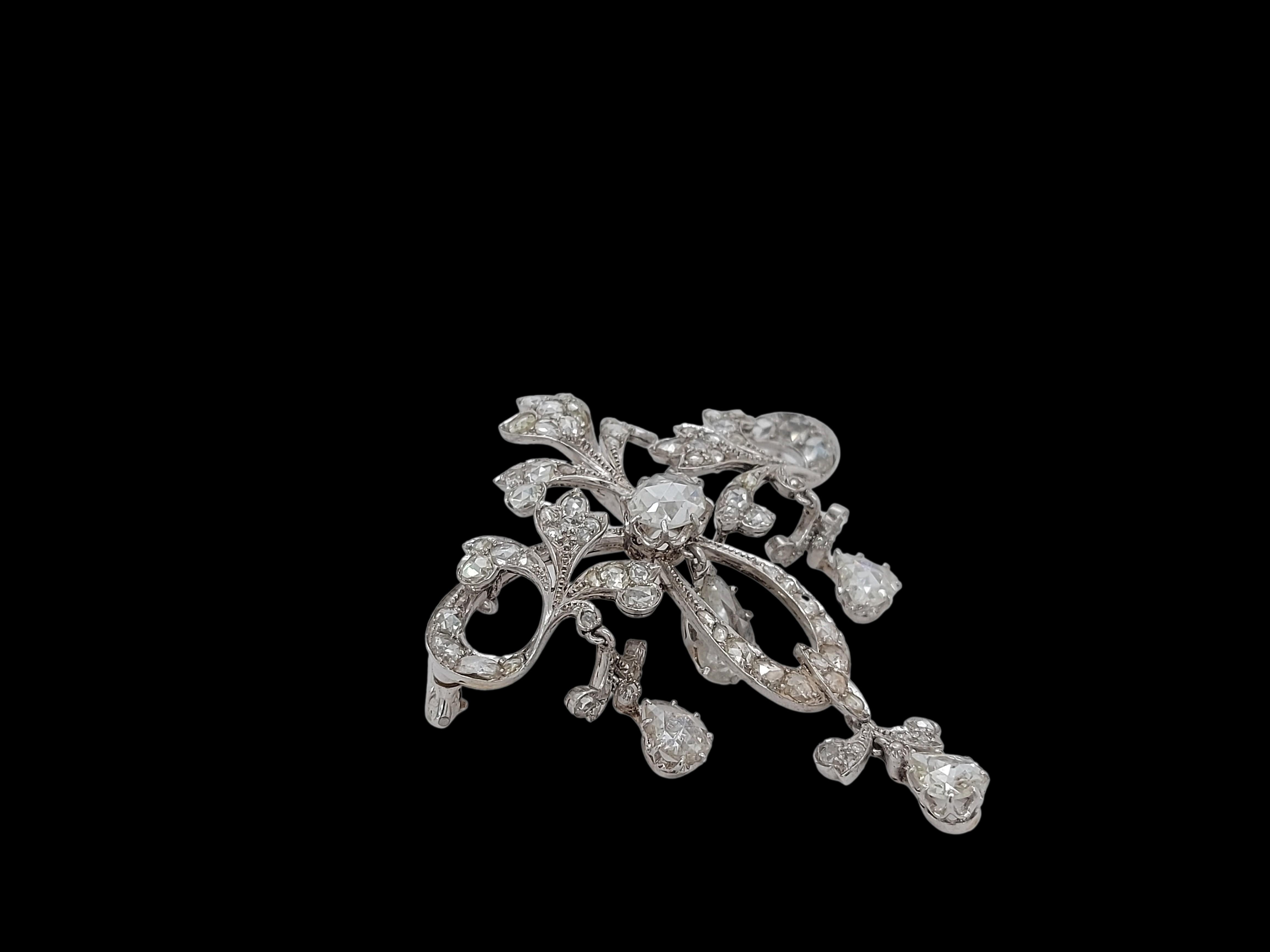 Platinum Brooch / Necklace with Rose Cut Diamonds For Sale 2