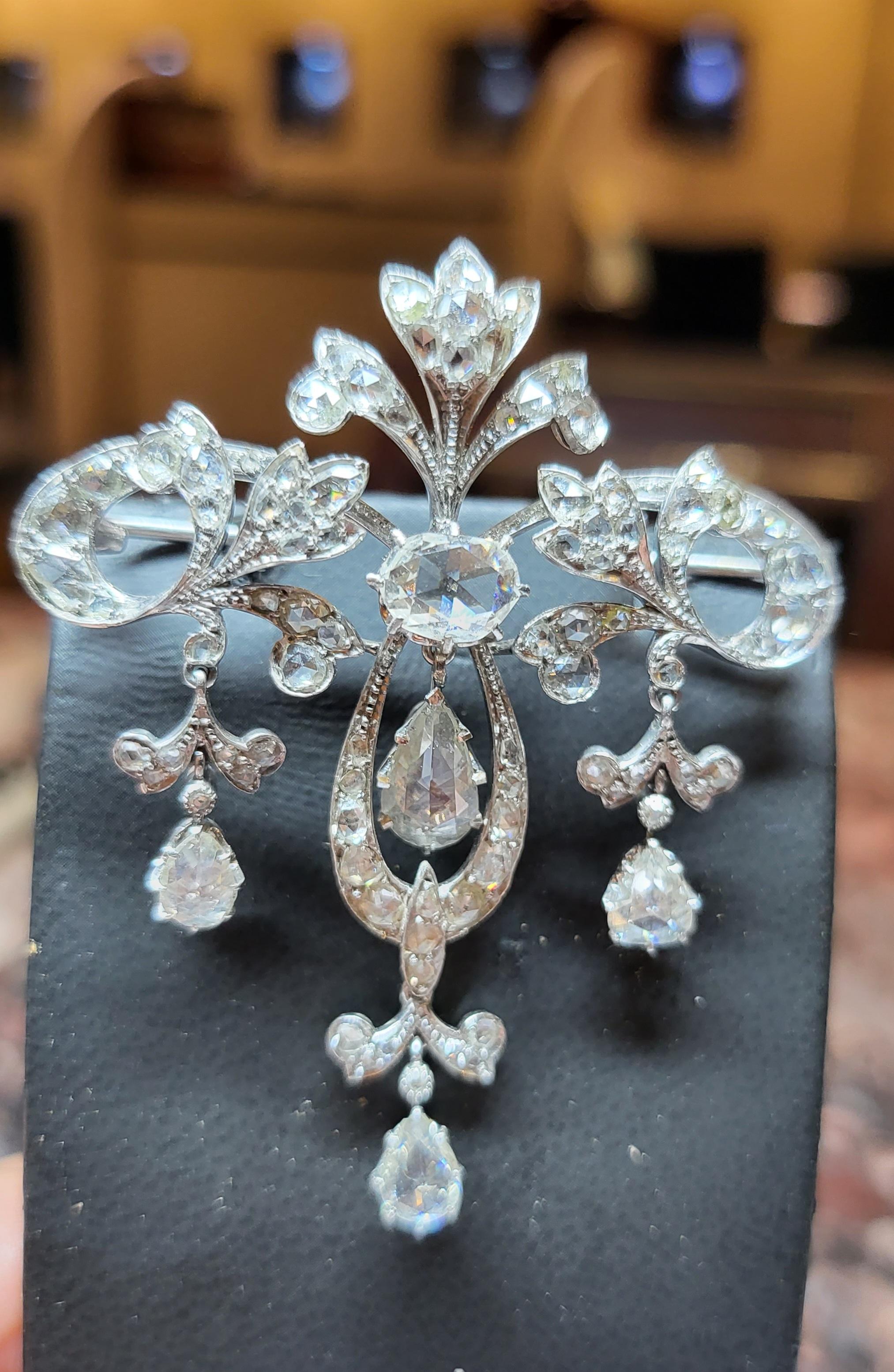Platinum Brooch / Necklace with Rose Cut Diamonds For Sale 3