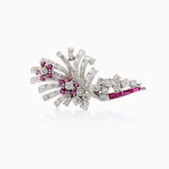 Platinum Brooch with 3.95 Carat Diamonds and 1.10 Carat Rubies