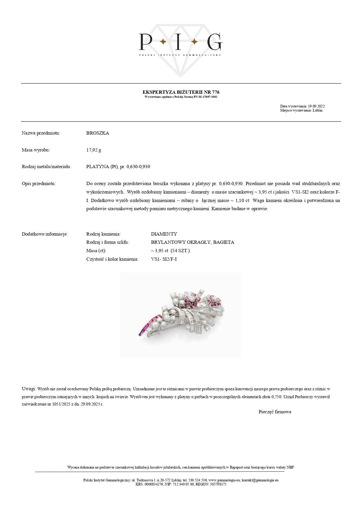 Platinbrosche mit 3,95 Karat Diamanten und 1,10 Karat Rubinen im Zustand „Neu“ im Angebot in Warszawa, PL