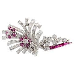 Platinum Brooch with 3.95 Carat Diamonds and 1.10 Carat Rubies