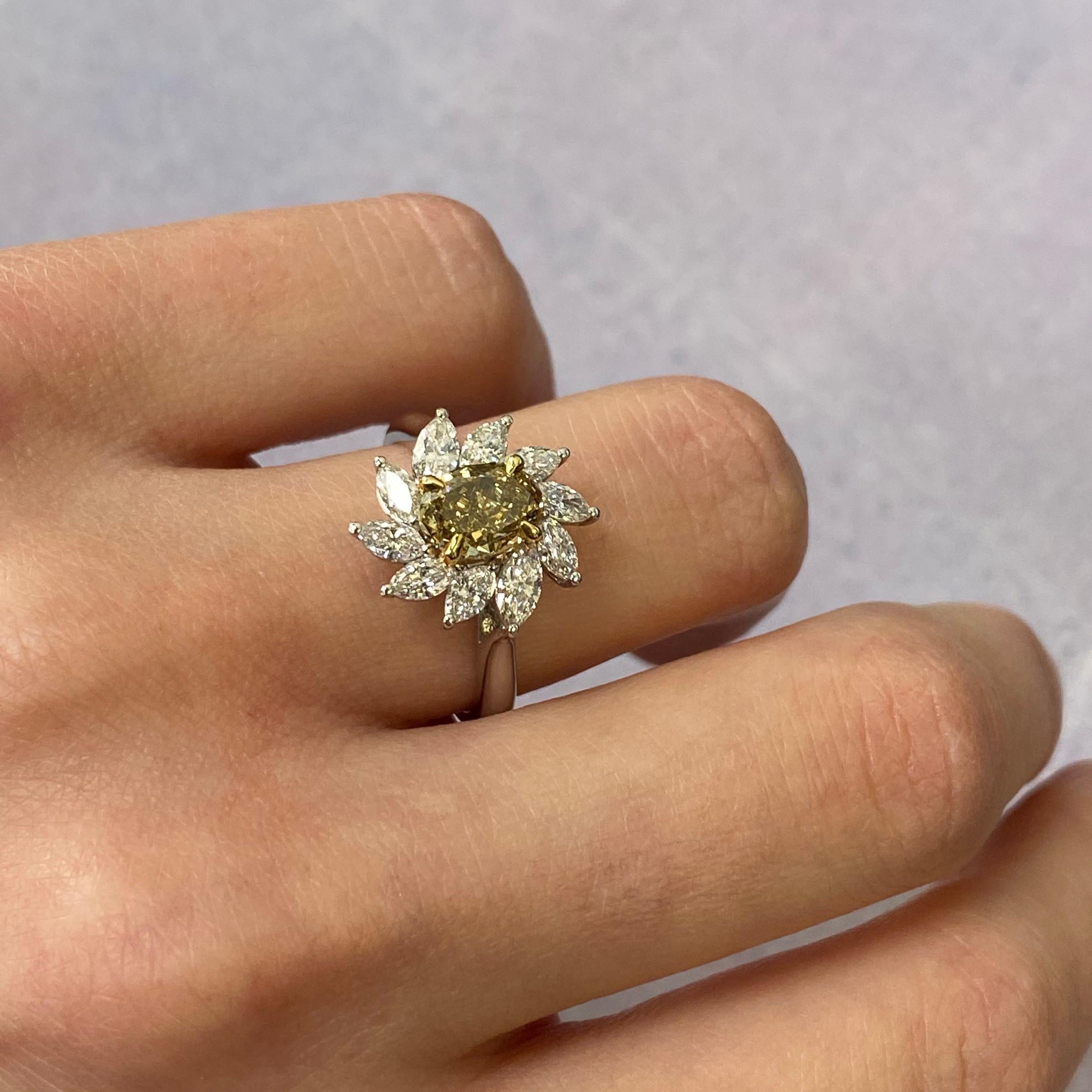 Platinum Brownish Yellow Oval & White Marquise Halo Diamond Cocktail Ring 1.39ct In New Condition For Sale In New York, NY