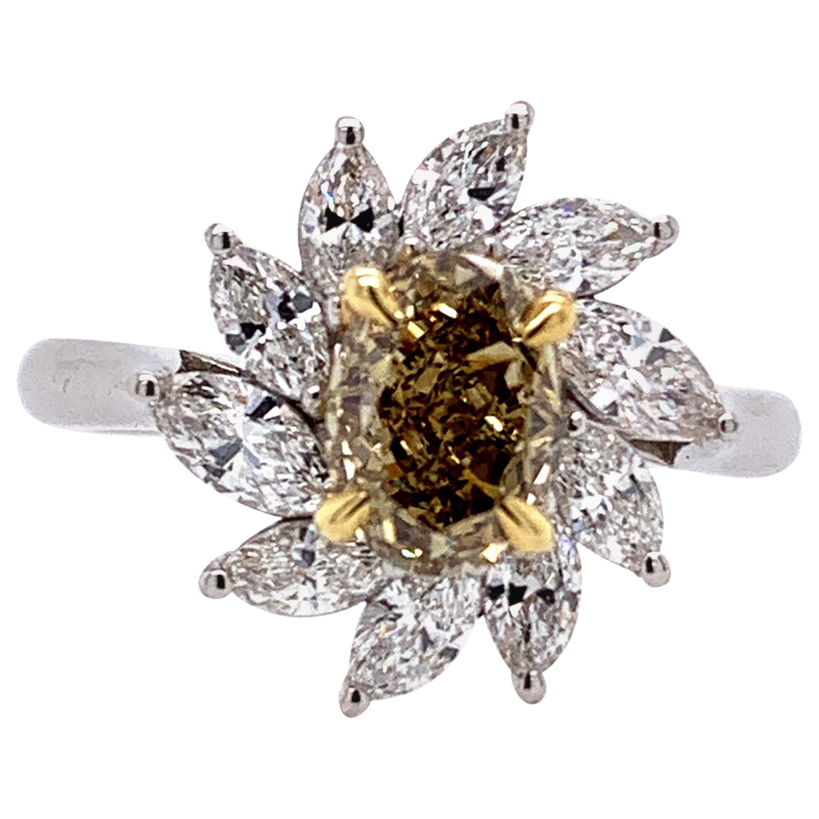 Platinum Brownish Yellow Oval & White Marquise Halo Diamond Cocktail Ring 1.39ct For Sale