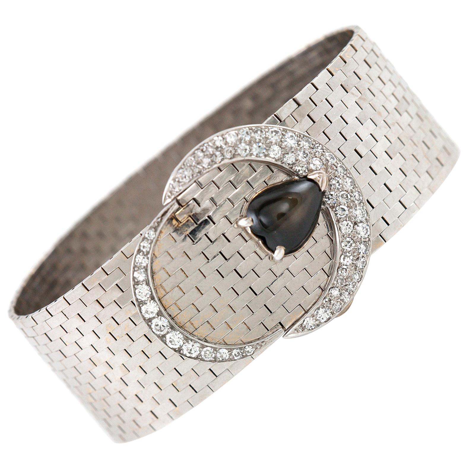 Platinum Buckle Bracelet with Diamonds and Black Sapphire For Sale