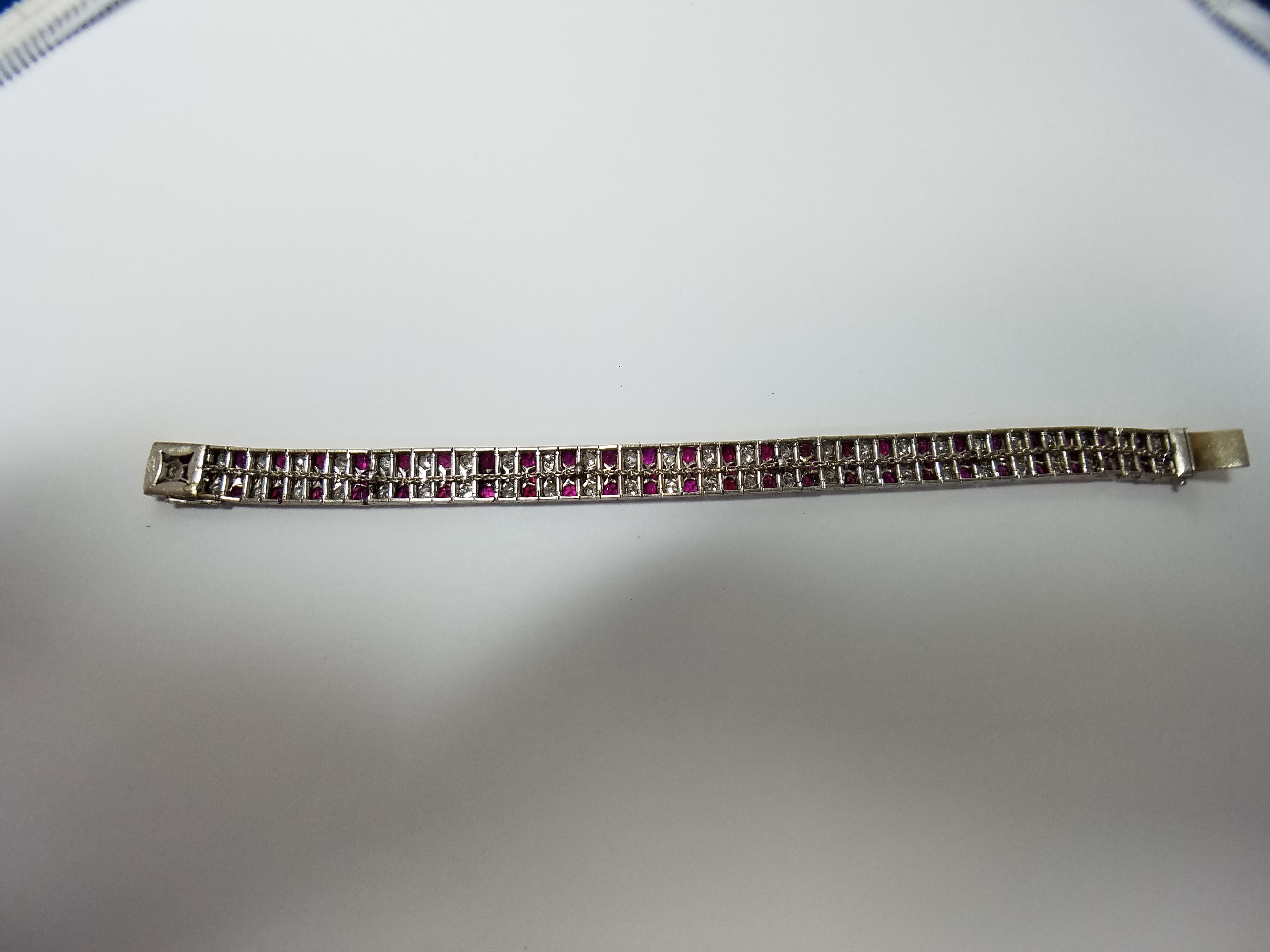 Platinum bracelet with 78 Burma Rubies weight aprox 8 carats and 81 Old European Cut White Diamonds weighing aprox 8 carat.
