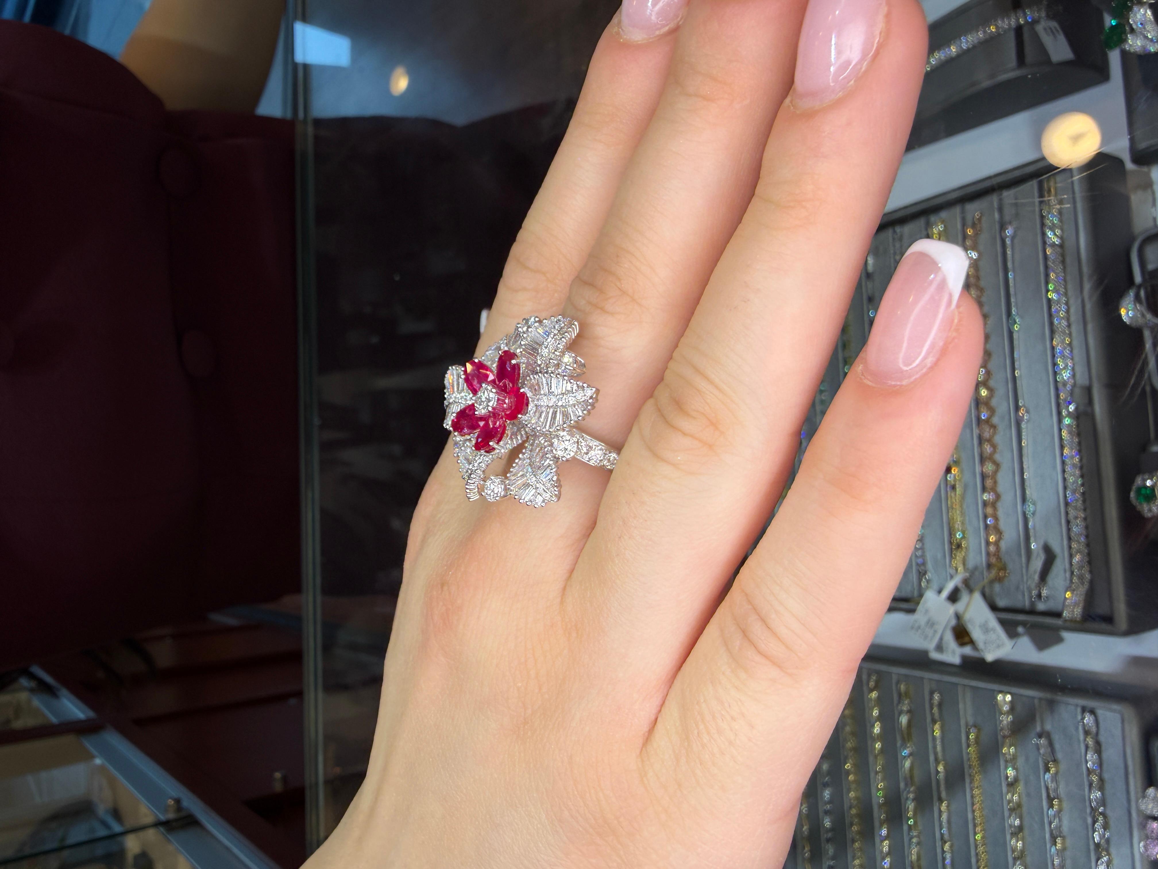 Platinum Burma Ruby & Diamond Baguette Floral Sta… - image 11