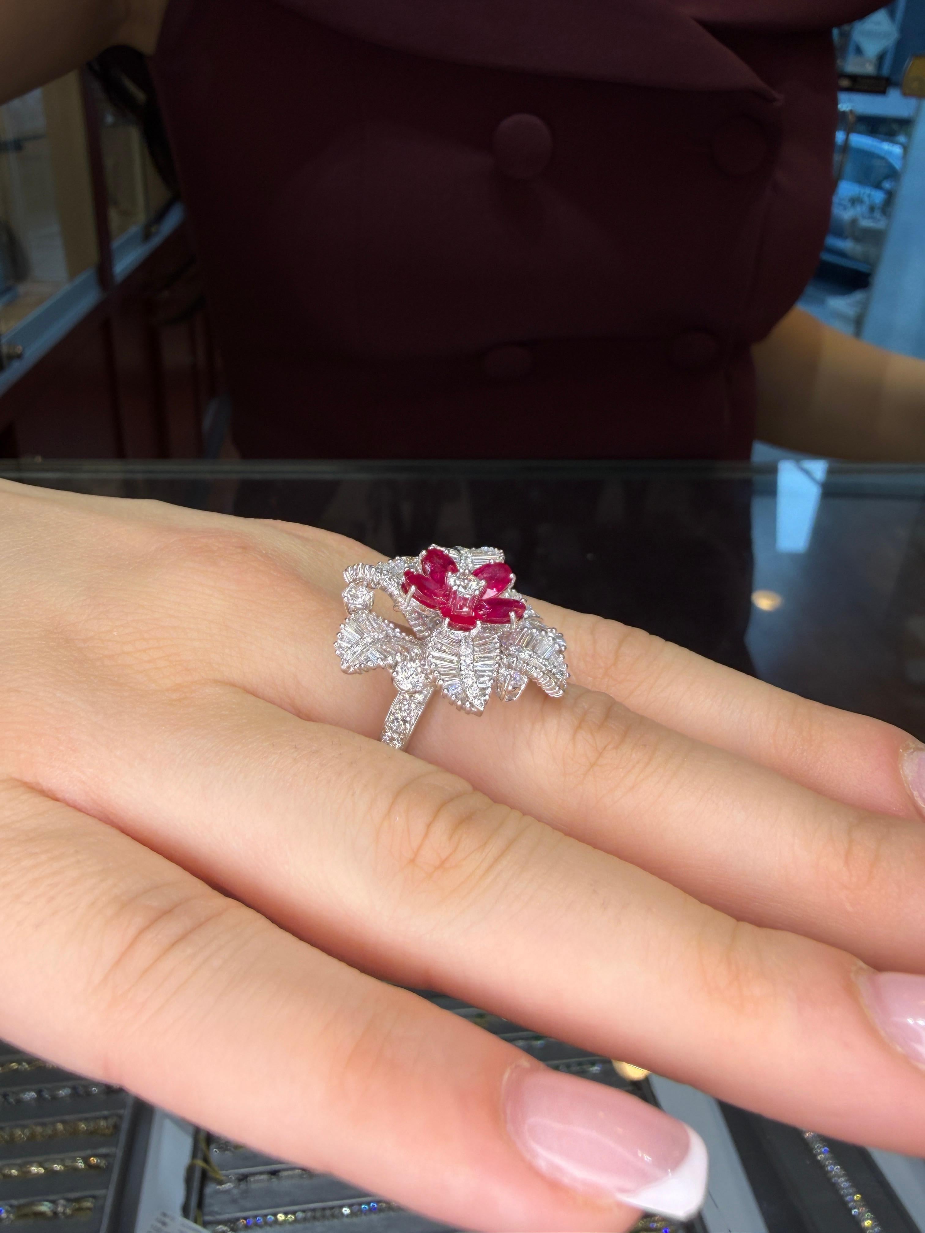 Platinum Burma Ruby & Diamond Baguette Floral Sta… - image 12