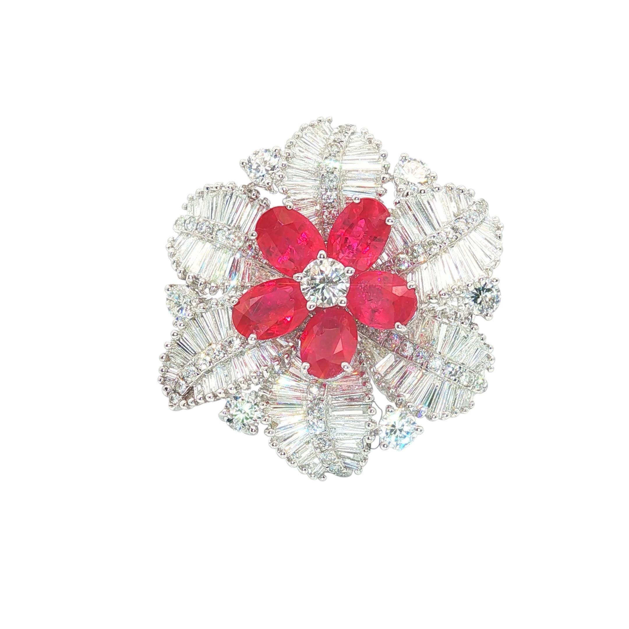 Platinum Burma Ruby & Diamond Baguette Floral Sta… - image 2