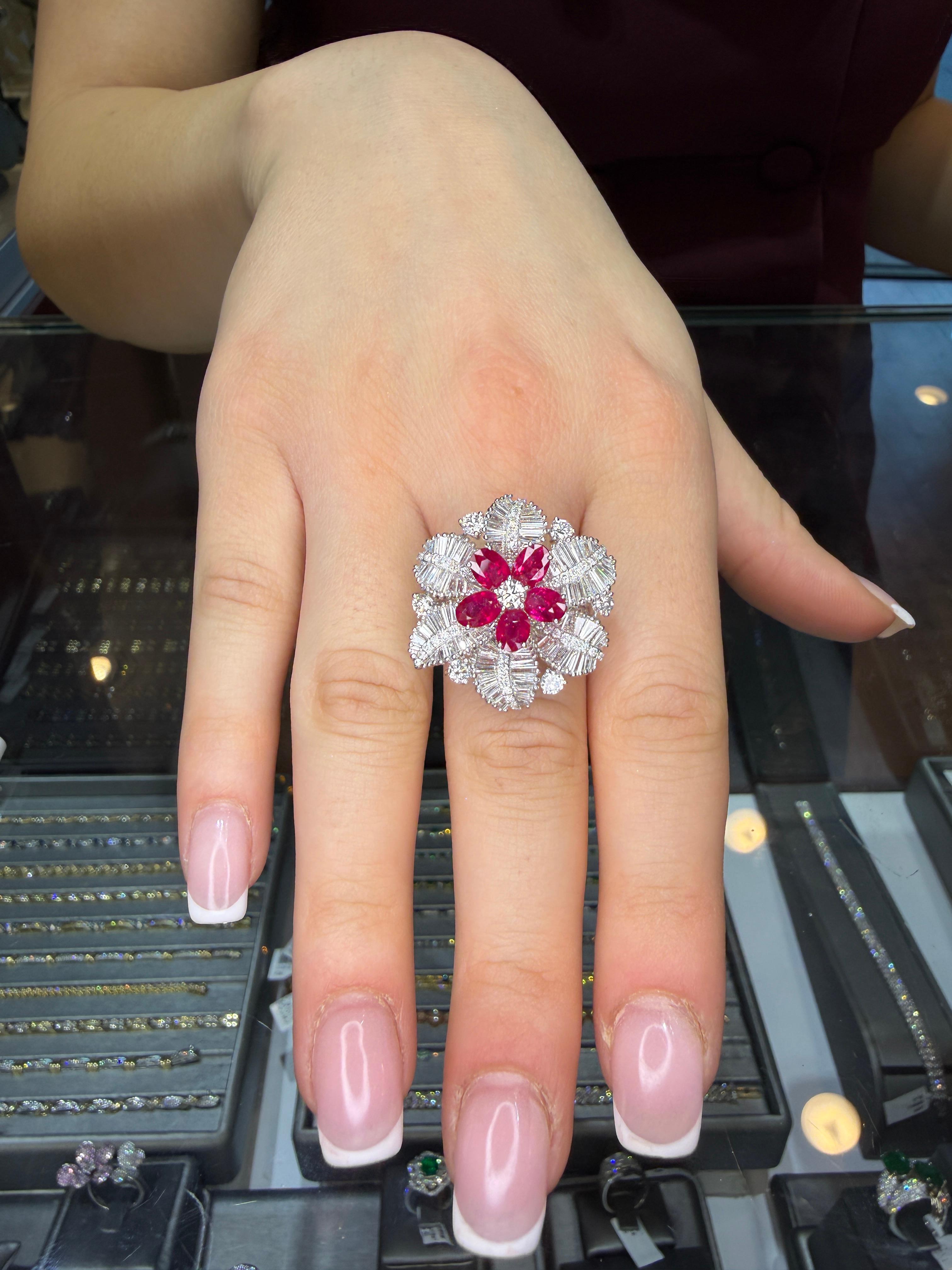 Platinum Burma Ruby & Diamond Baguette Floral Sta… - image 4