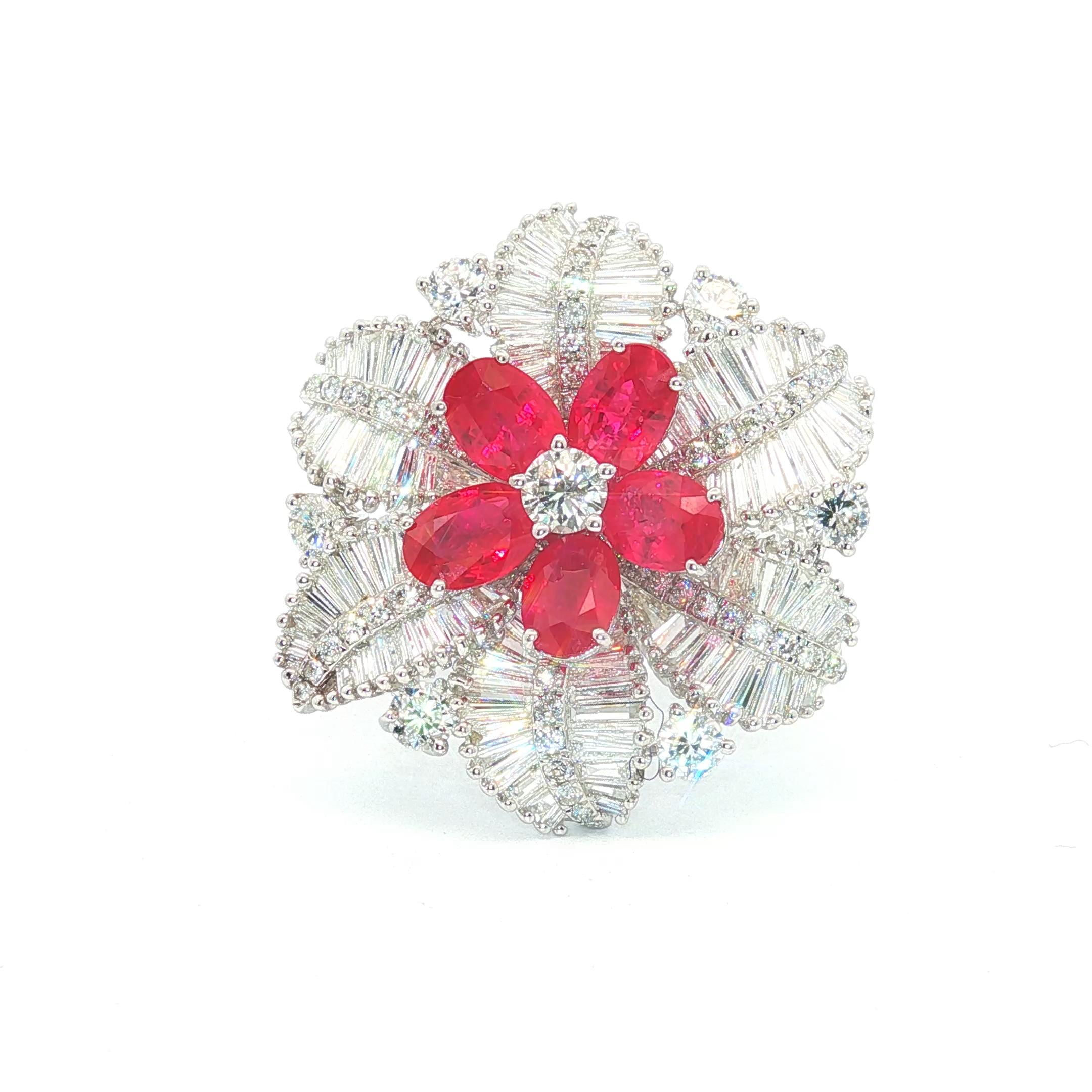 Platinum Burma Ruby & Diamond Baguette Floral Sta… - image 5