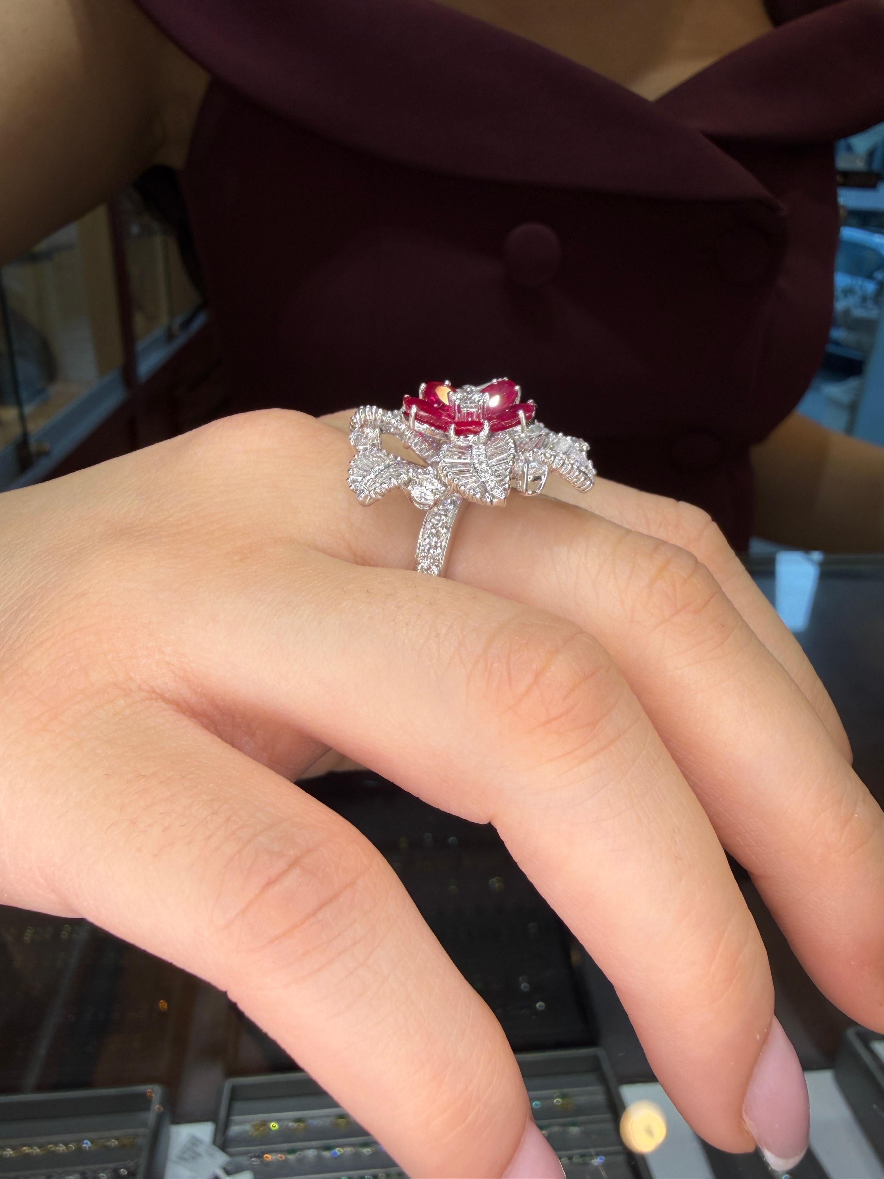 Platinum Burma Ruby & Diamond Baguette Floral Sta… - image 9