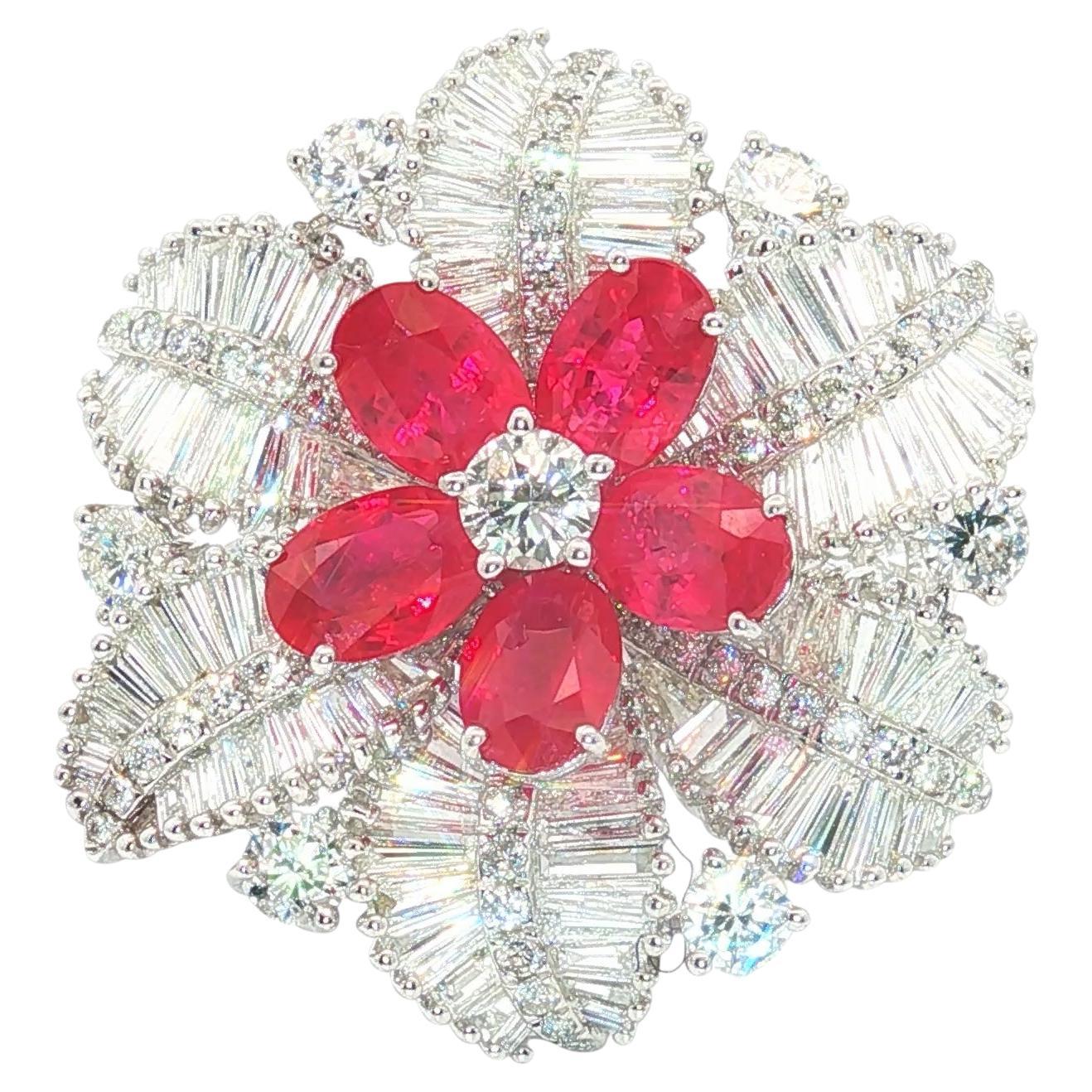 Platinum Burma Ruby & Diamond Baguette Floral Sta… - image 1