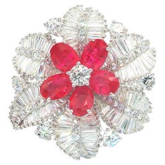 Platinum Burma Ruby 
Diamond Baguette Floral Statement Ring 6.90ct High Jewelry