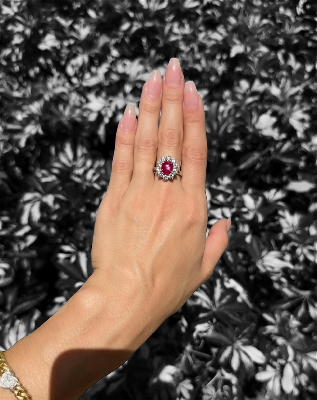 Indulge in luxury with this platinum ring boasting a 4.49 carat GIA certified Burma Star Ruby and 10 round diamonds, each weighing 1.64 carats. With a total weight of 7.40 grams, this exquisite piece exudes elegance and exclusivity.

Platinum ring