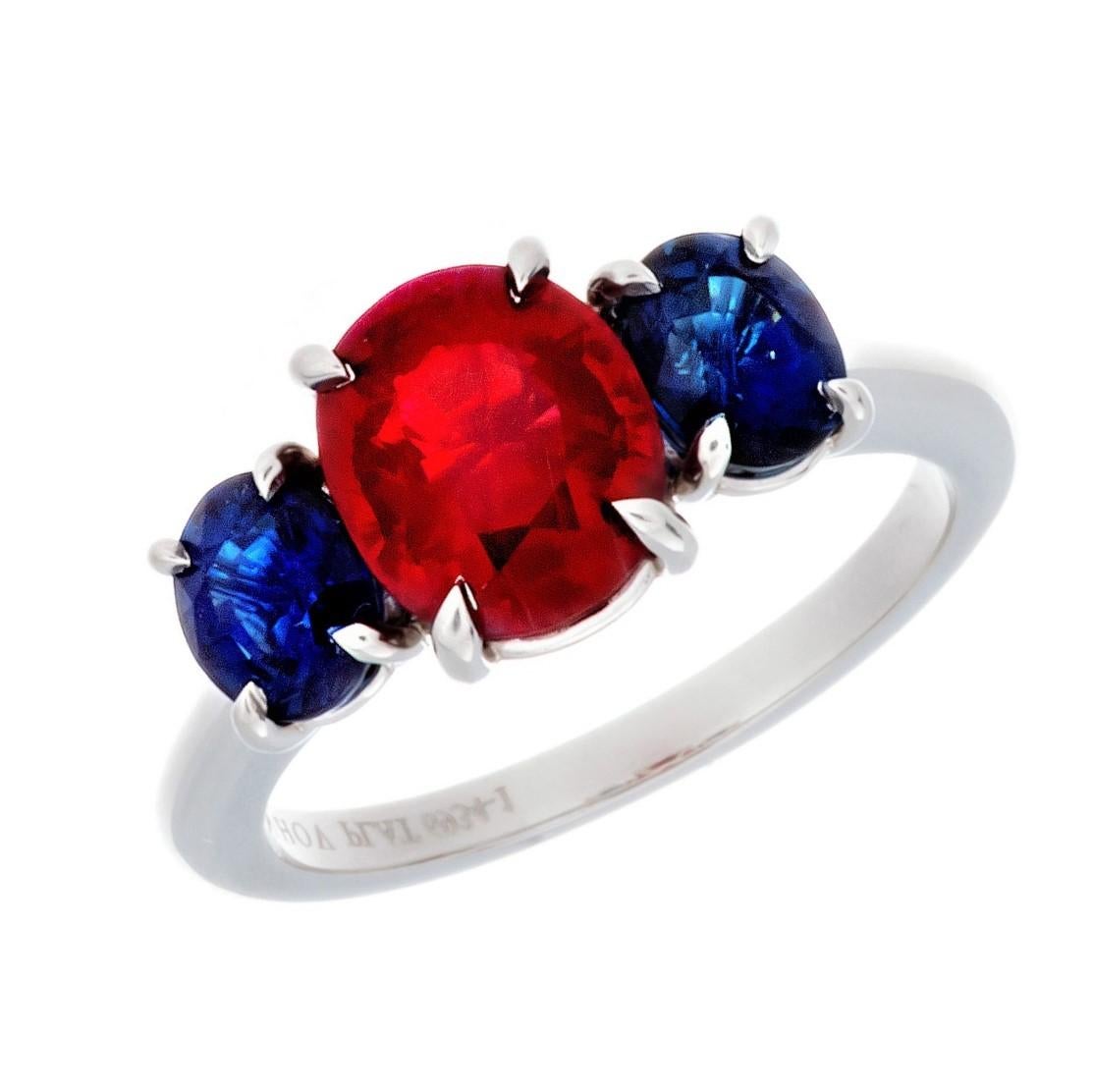 Oval Cut Platinum Burmese Ruby and Sapphire 3-Stone Ring For Sale