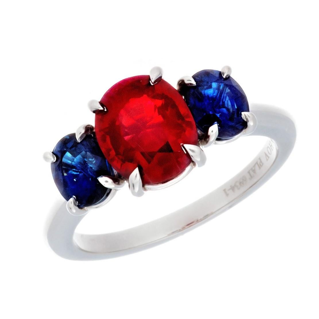 Platinum Burmese Ruby and Sapphire 3-Stone Ring In New Condition For Sale In Santa Monica, CA