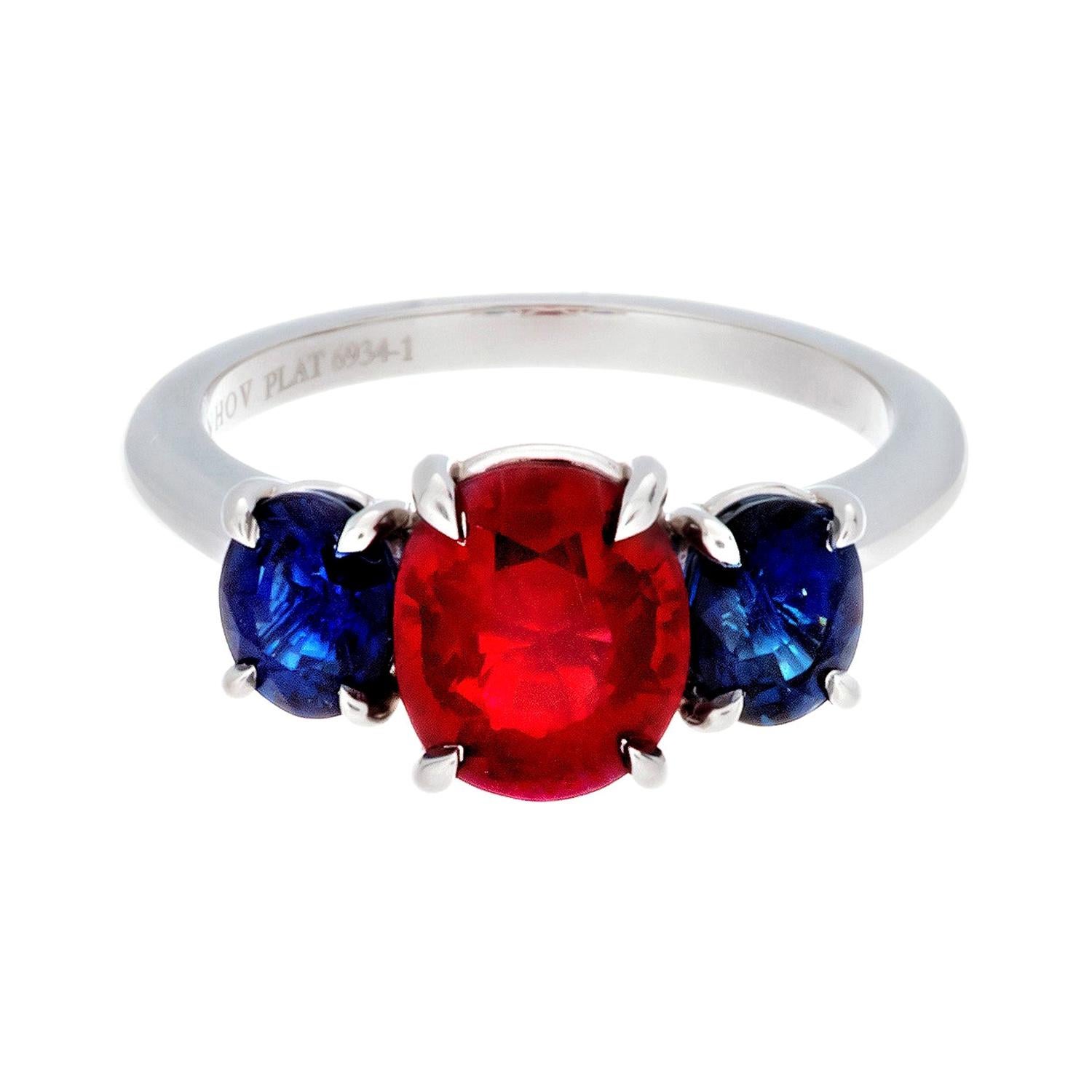 Platinum Burmese Ruby and Sapphire 3-Stone Ring For Sale