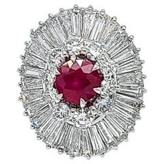Platinum Ballerina Ring, 1.30ct Ruby, 6.00ct Diamond Halo, 1950s