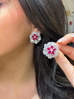 Burmese Ruby & Diamond Oval and Baguette Cluster Platinum Earrings 12.25ct Large