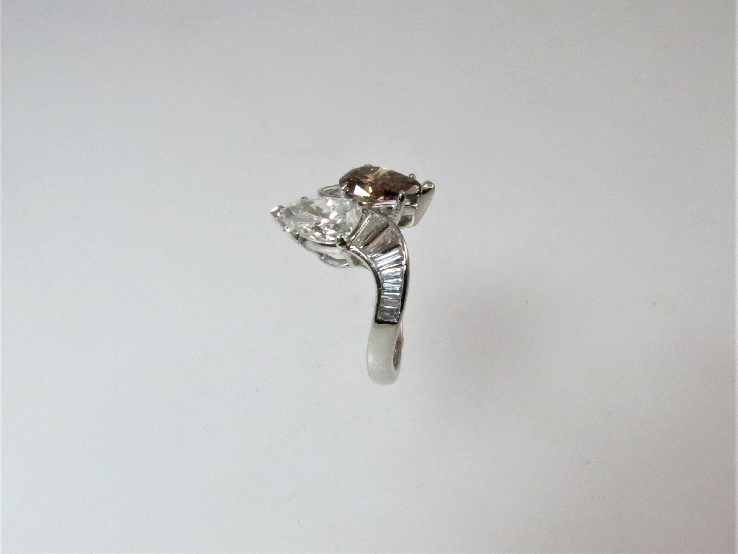 Pear Cut Platinum Bypass Ring with Cognac and White Pear Shape Diamonds and Baguettes For Sale