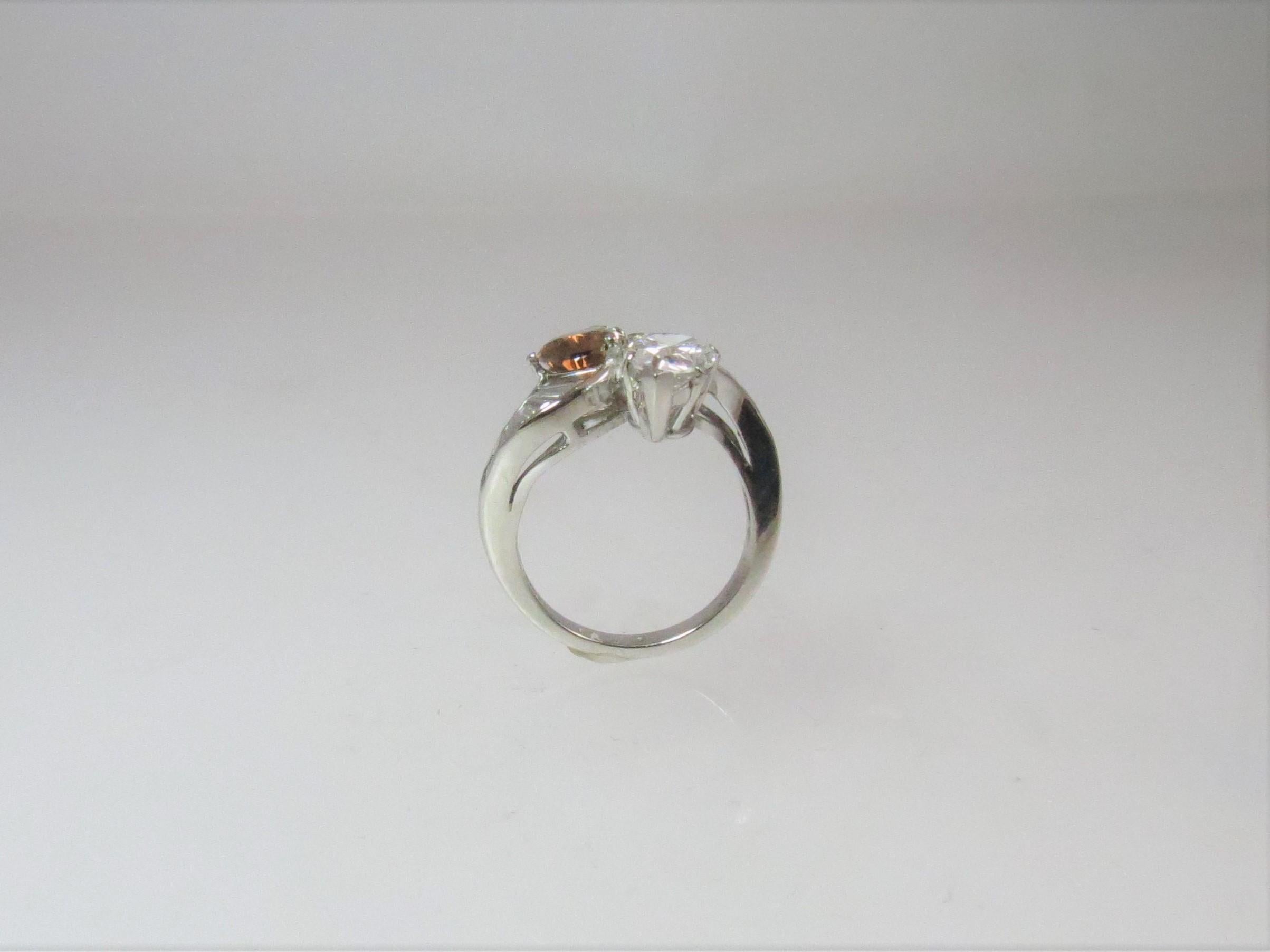 Platinum Bypass Ring with Cognac and White Pear Shape Diamonds and Baguettes In Excellent Condition For Sale In Chicago, IL