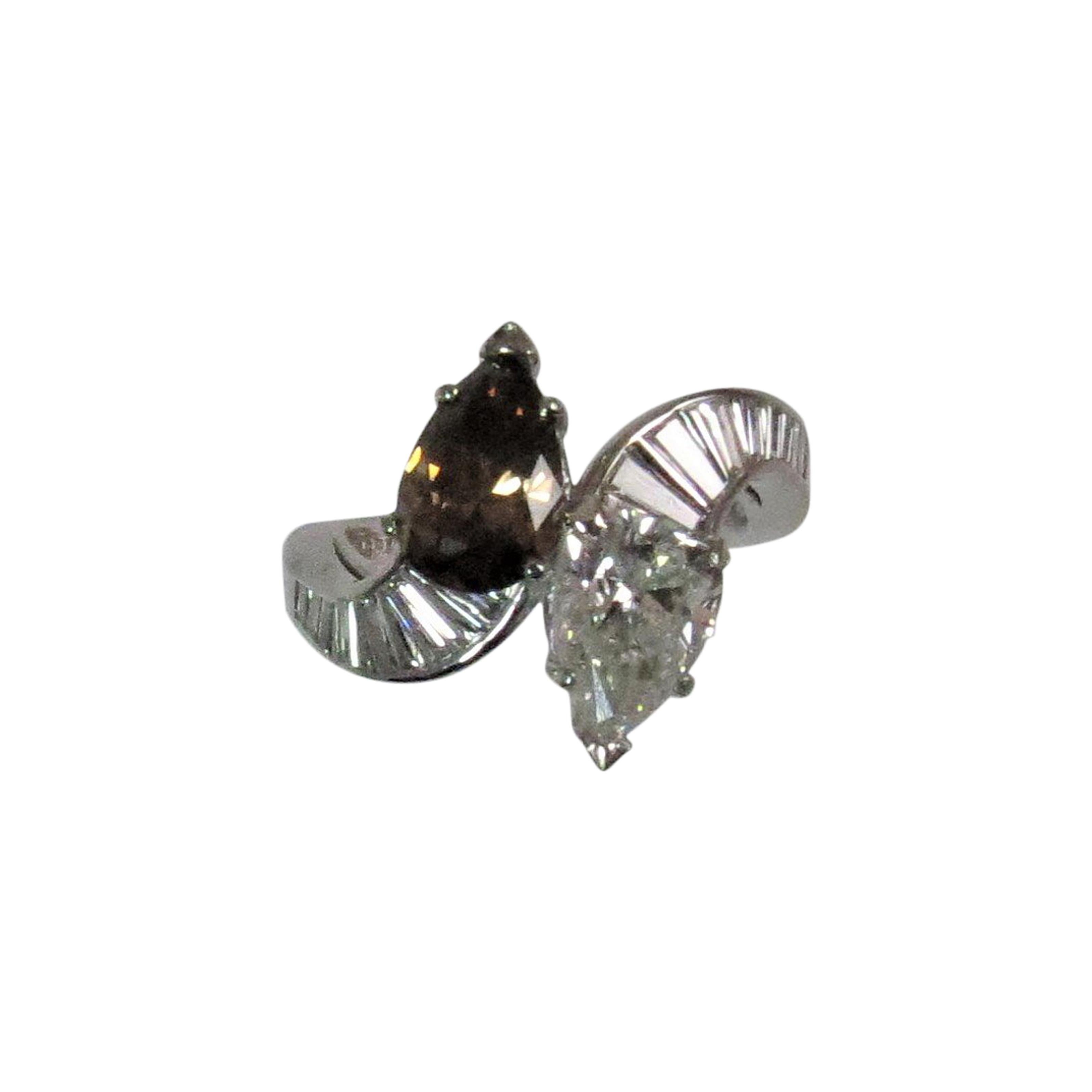 Platinum Bypass Ring with Cognac and White Pear Shape Diamonds and Baguettes For Sale