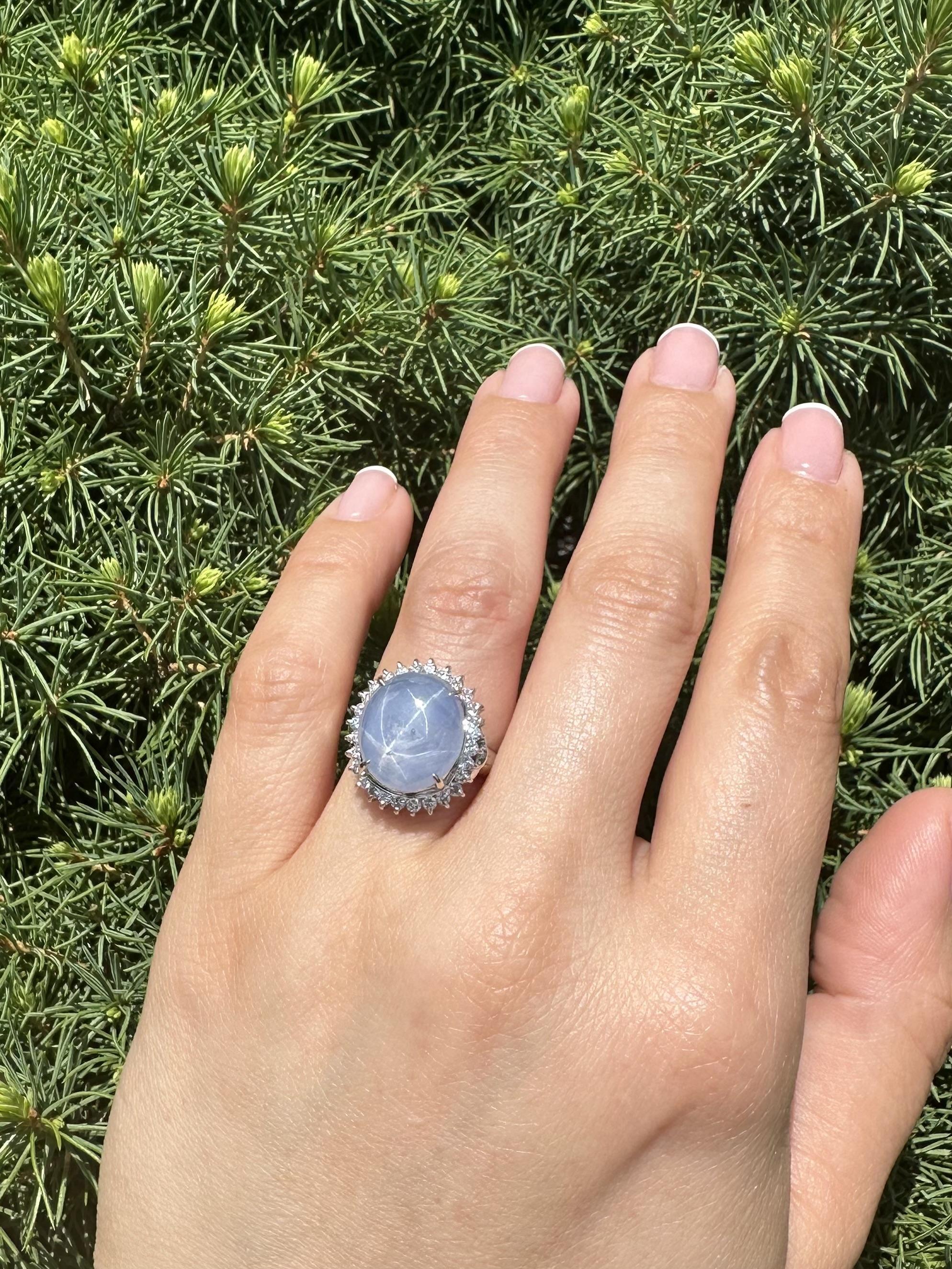 Platinum Cabochon 15.56ctw Periwinkle Blue Star Sapphire w/ Diamond Halo Ring For Sale 9