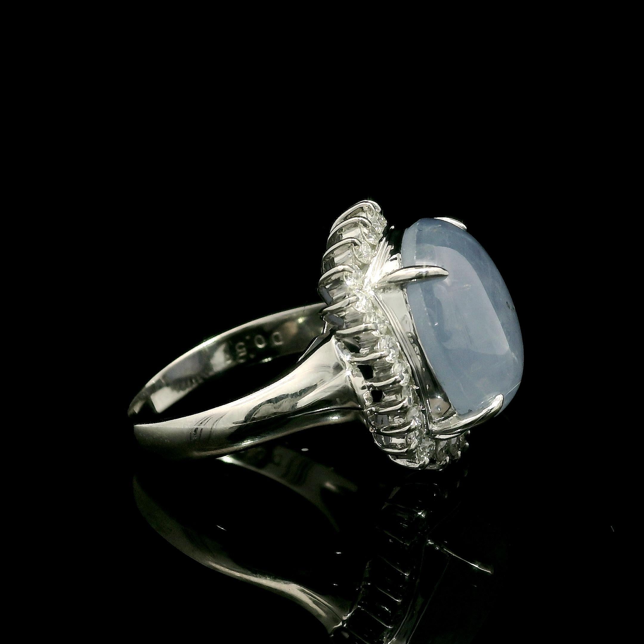 Platinum Cabochon 15.56ctw Periwinkle Blue Star Sapphire w/ Diamond Halo Ring In Excellent Condition For Sale In Montclair, NJ