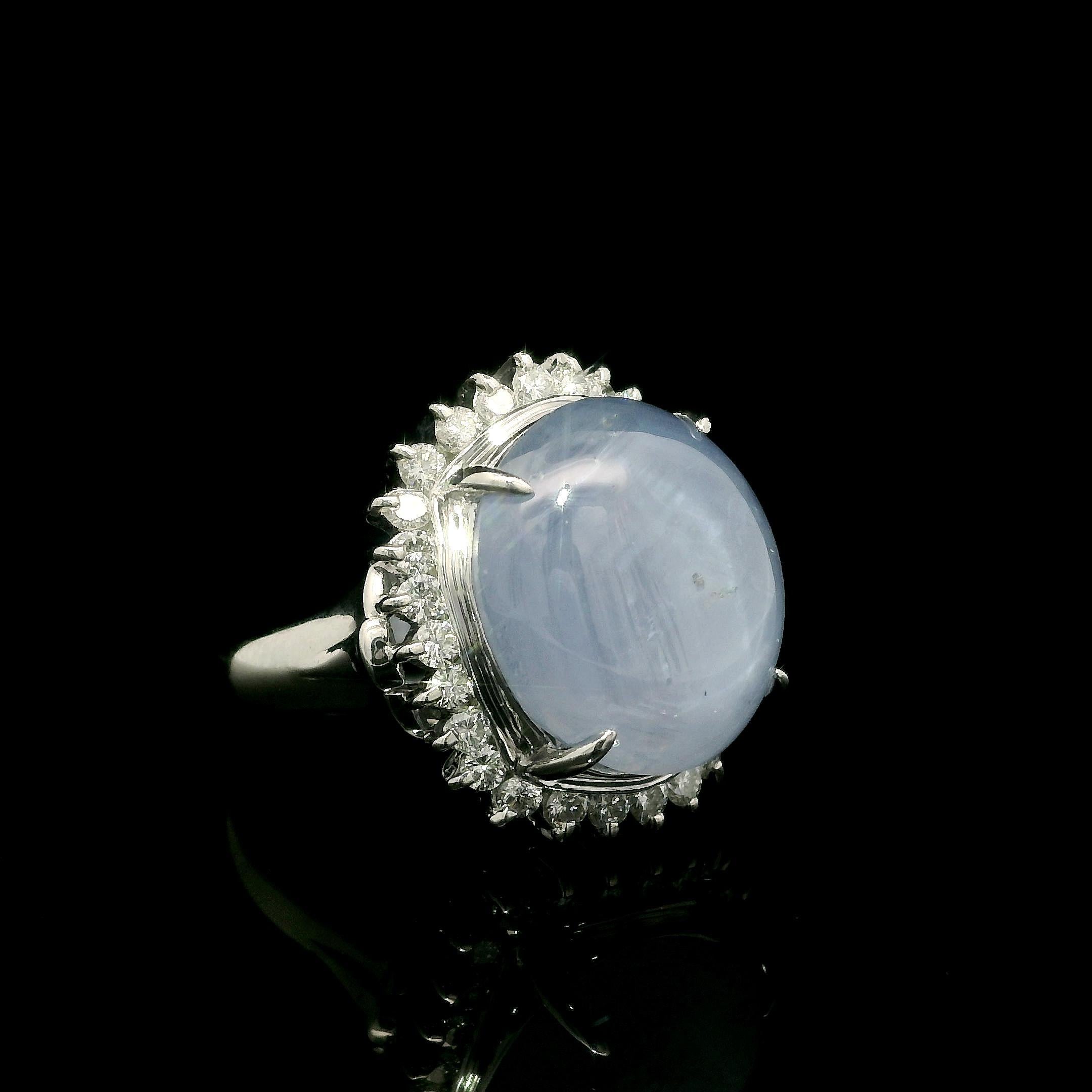 Women's Platinum Cabochon 15.56ctw Periwinkle Blue Star Sapphire w/ Diamond Halo Ring For Sale