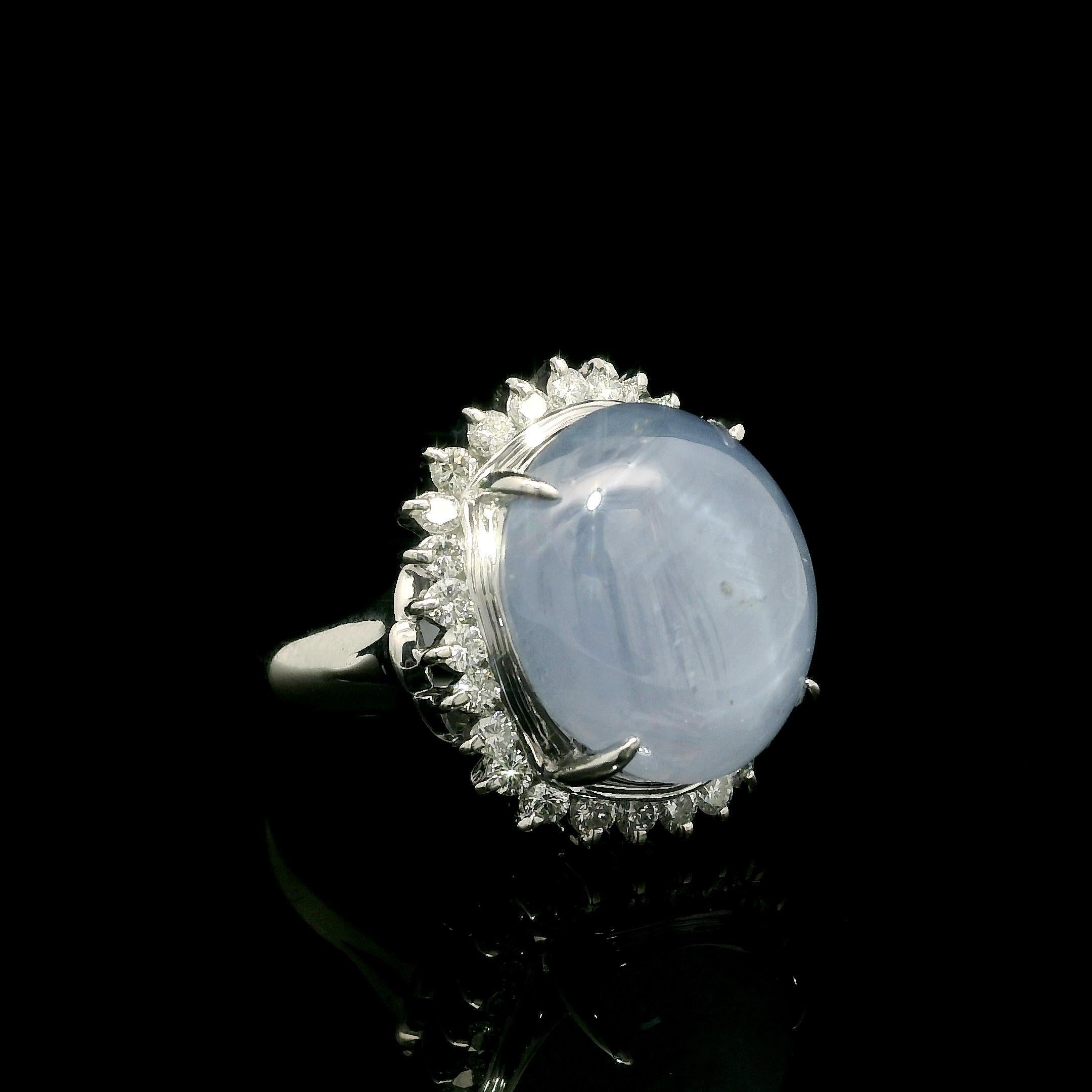 Platinum Cabochon 15.56ctw Periwinkle Blue Star Sapphire w/ Diamond Halo Ring For Sale 1