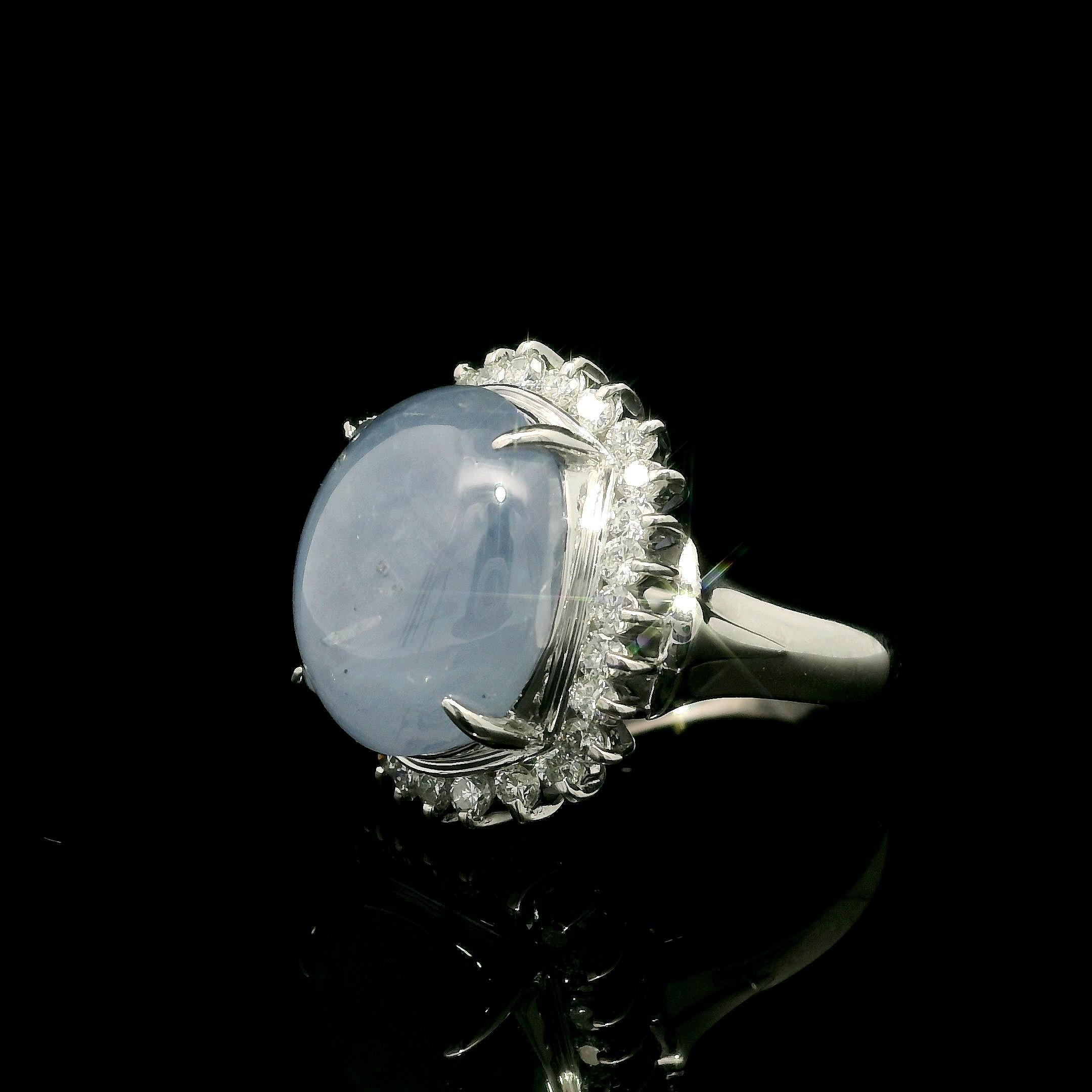 Platinum Cabochon 15.56ctw Periwinkle Blue Star Sapphire w/ Diamond Halo Ring For Sale 2
