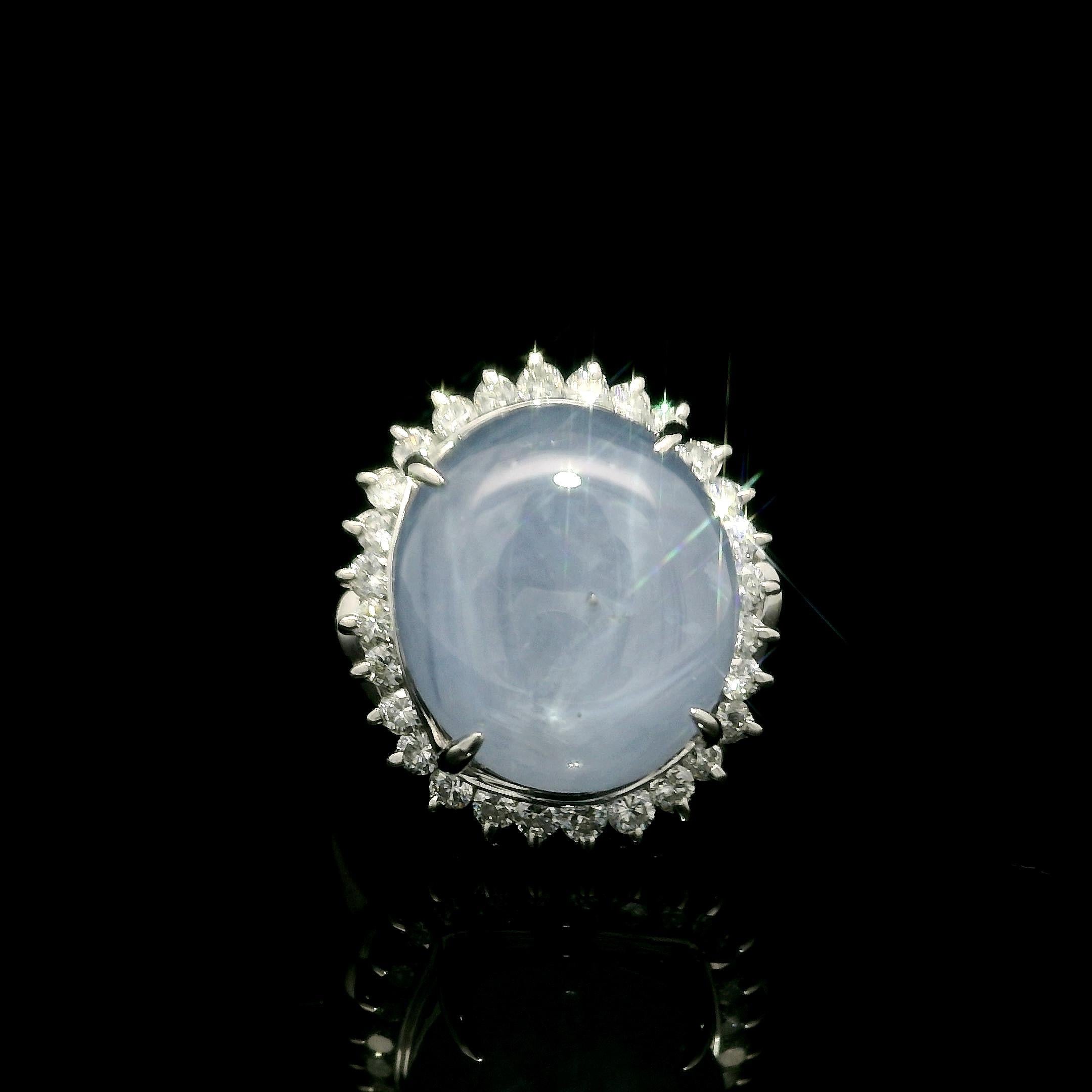 Platinum Cabochon 15.56ctw Periwinkle Blue Star Sapphire w/ Diamond Halo Ring For Sale 3