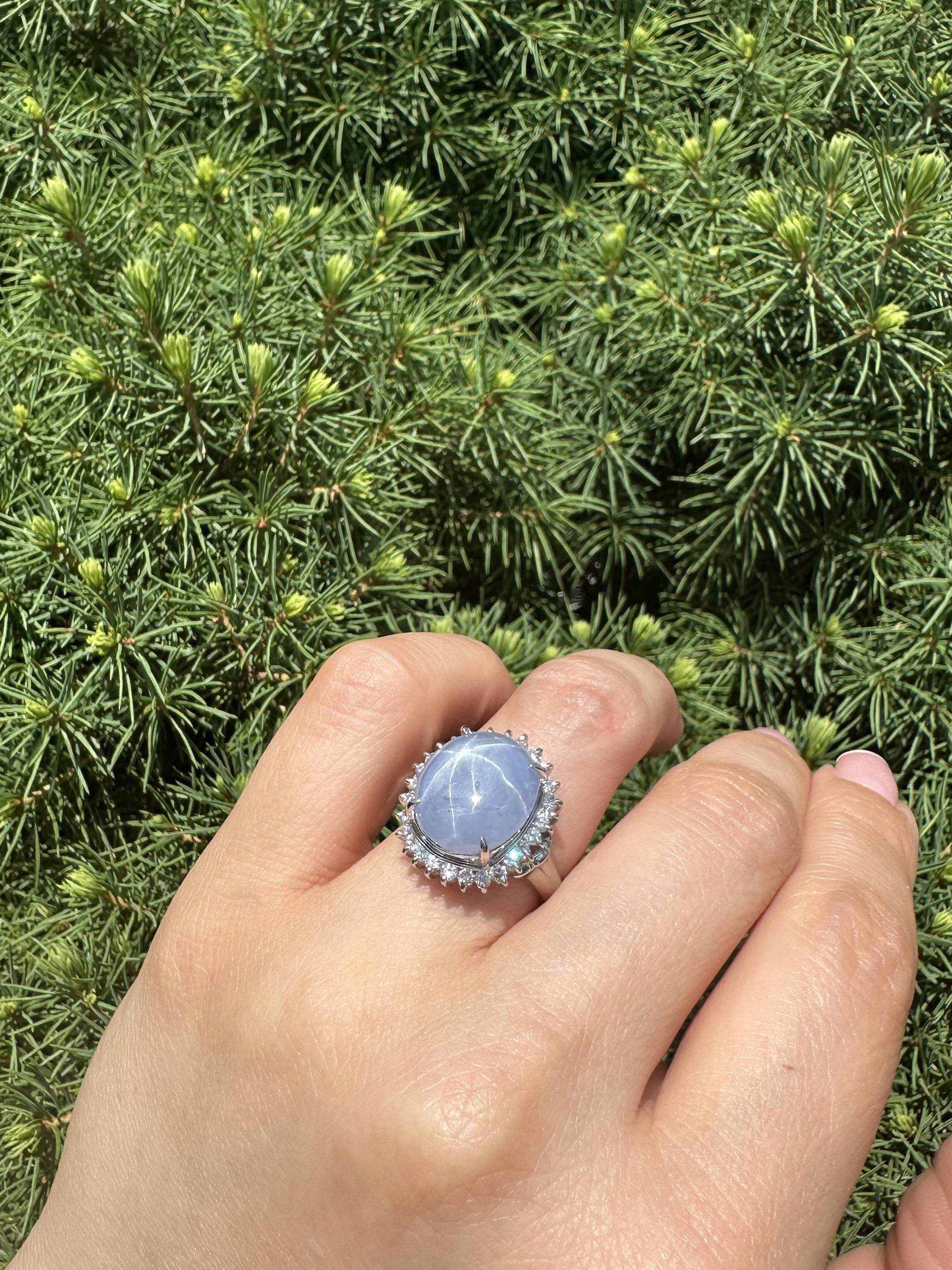 Platinum Cabochon 15.56ctw Periwinkle Blue Star Sapphire w/ Diamond Halo Ring For Sale 4