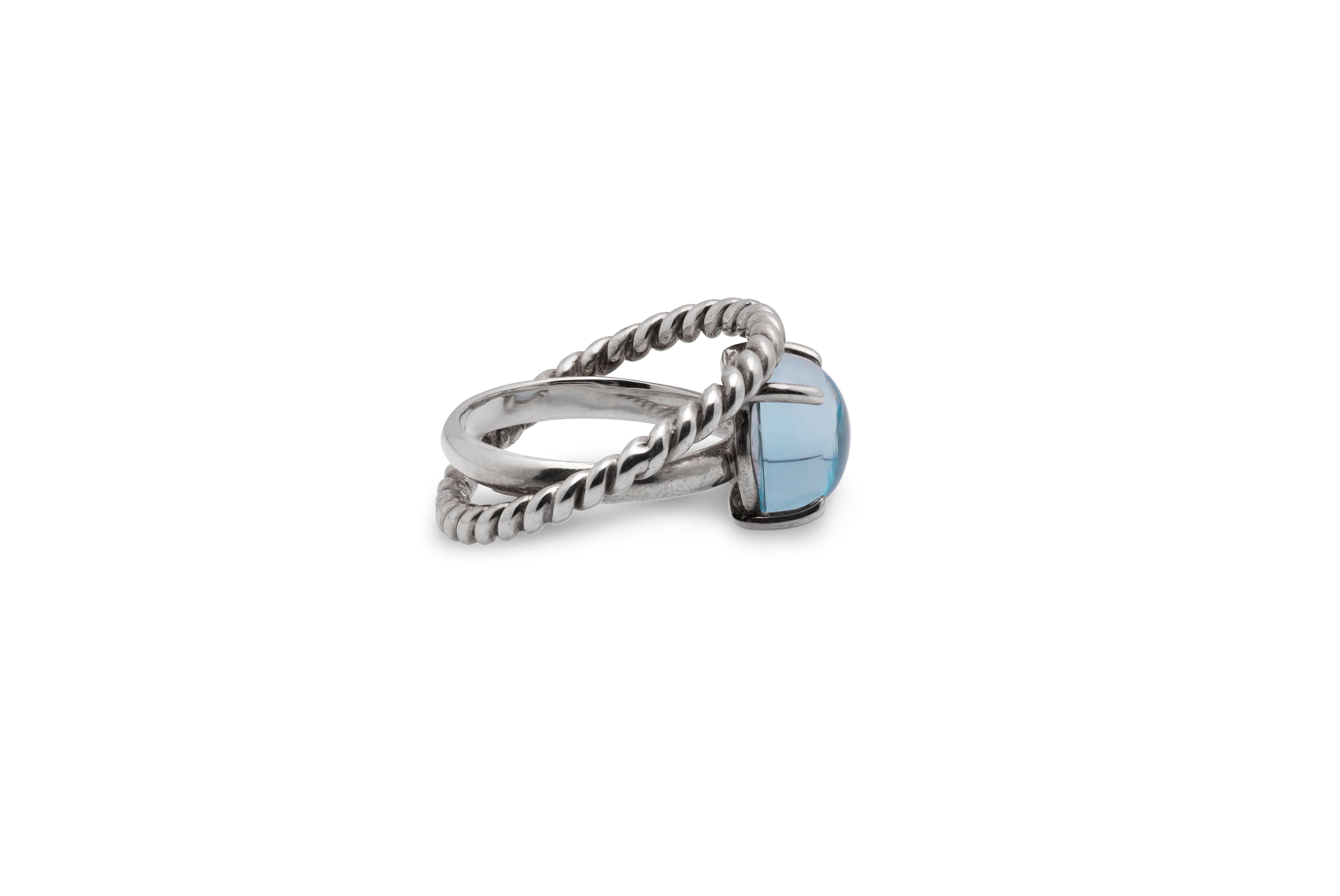 Platinum Cabochon Cut Blue Topaz Modern Design Ring For Sale 3