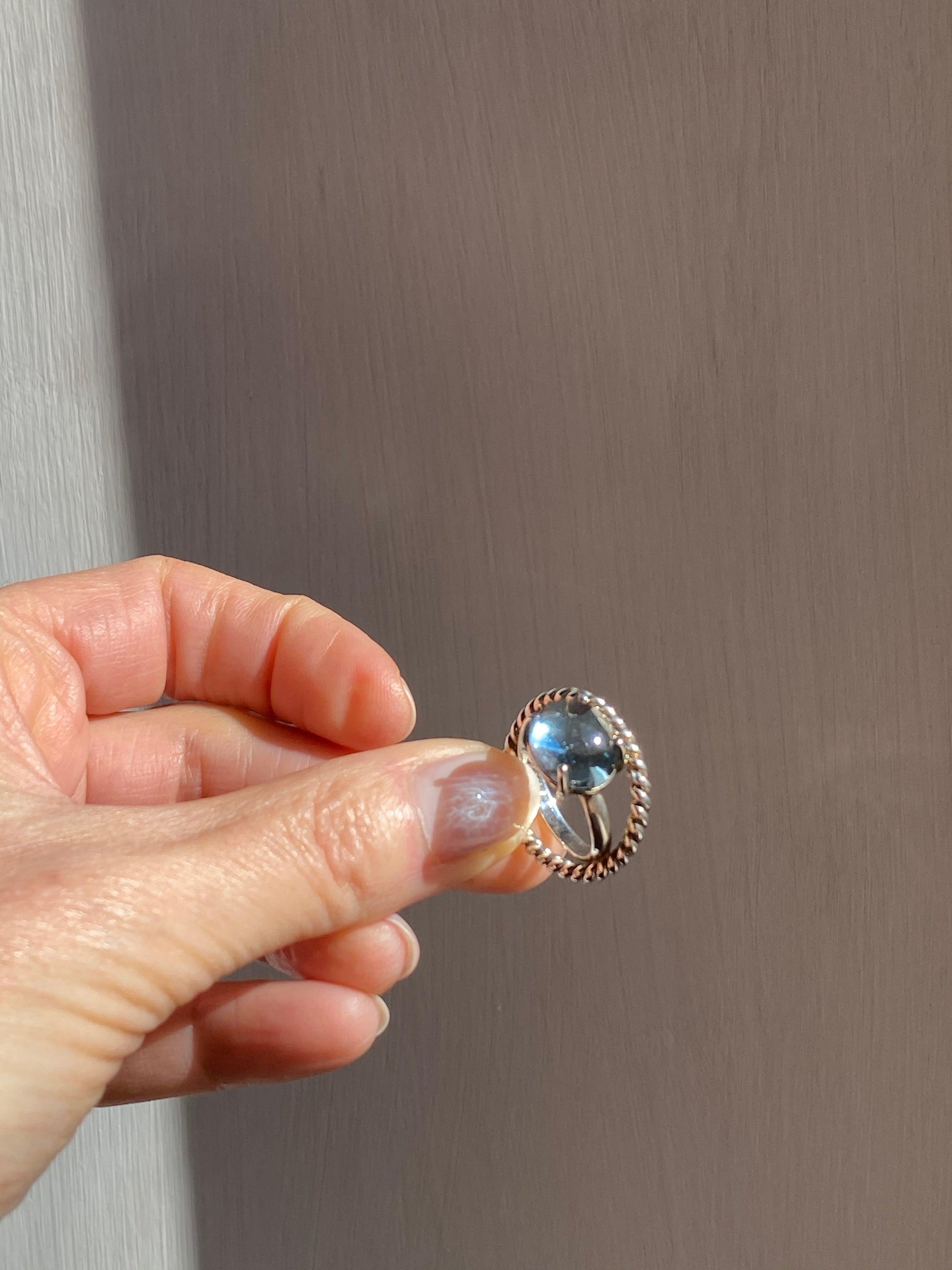 Platinum Cabochon Cut Blue Topaz Modern Design Ring For Sale 4