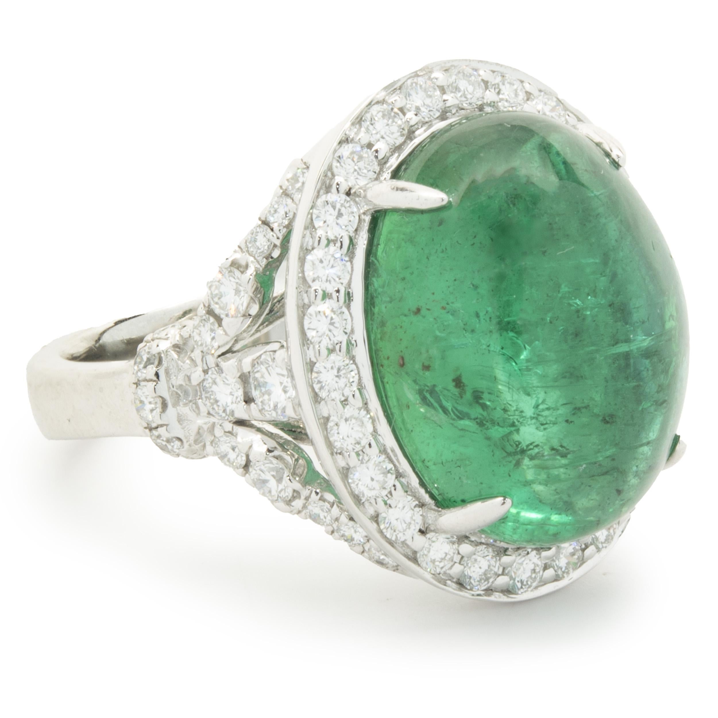 Designer: custom
Material: platinum
Emerald: 1 cabochon cut = 12.01ct
Diamond: 60 round brilliant cut = 1.19cttw
Color: F
Clarity: VS2
Ring Size: 6.5 (complimentary sizing available)
Weight: 13.28 grams