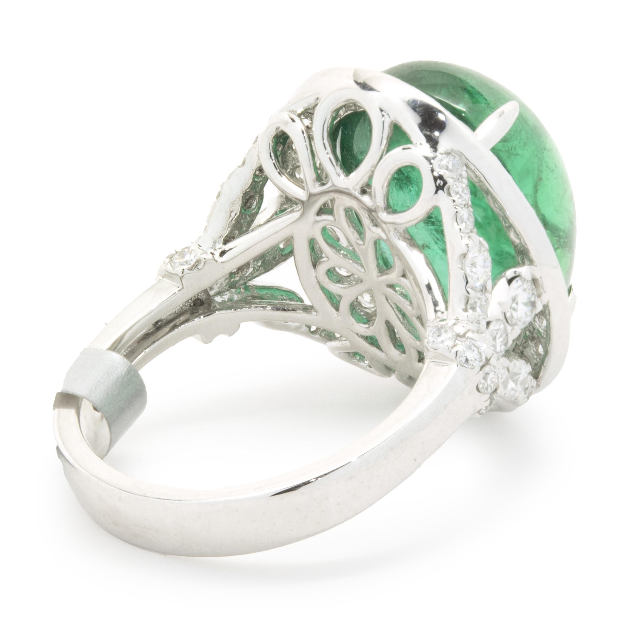 Platinum Cabochon Cut Emerald and Diamond Cocktail Ring In Excellent Condition For Sale In Scottsdale, AZ