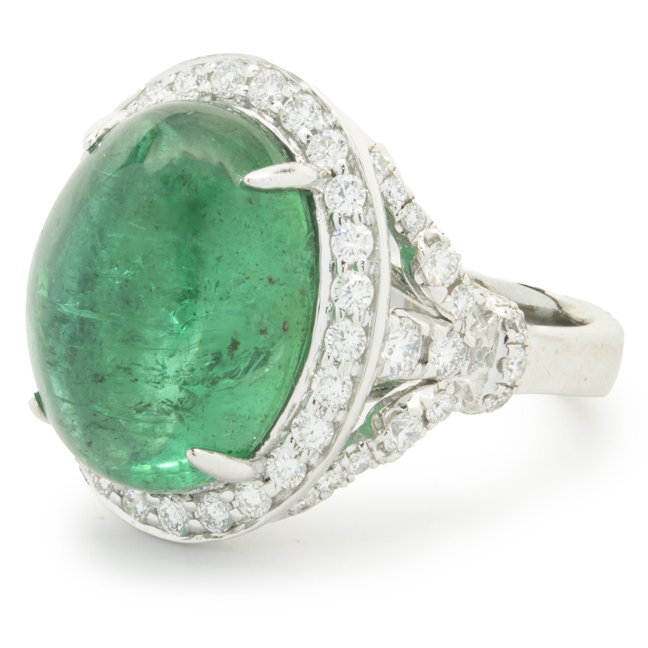 Women's Platinum Cabochon Cut Emerald and Diamond Cocktail Ring For Sale