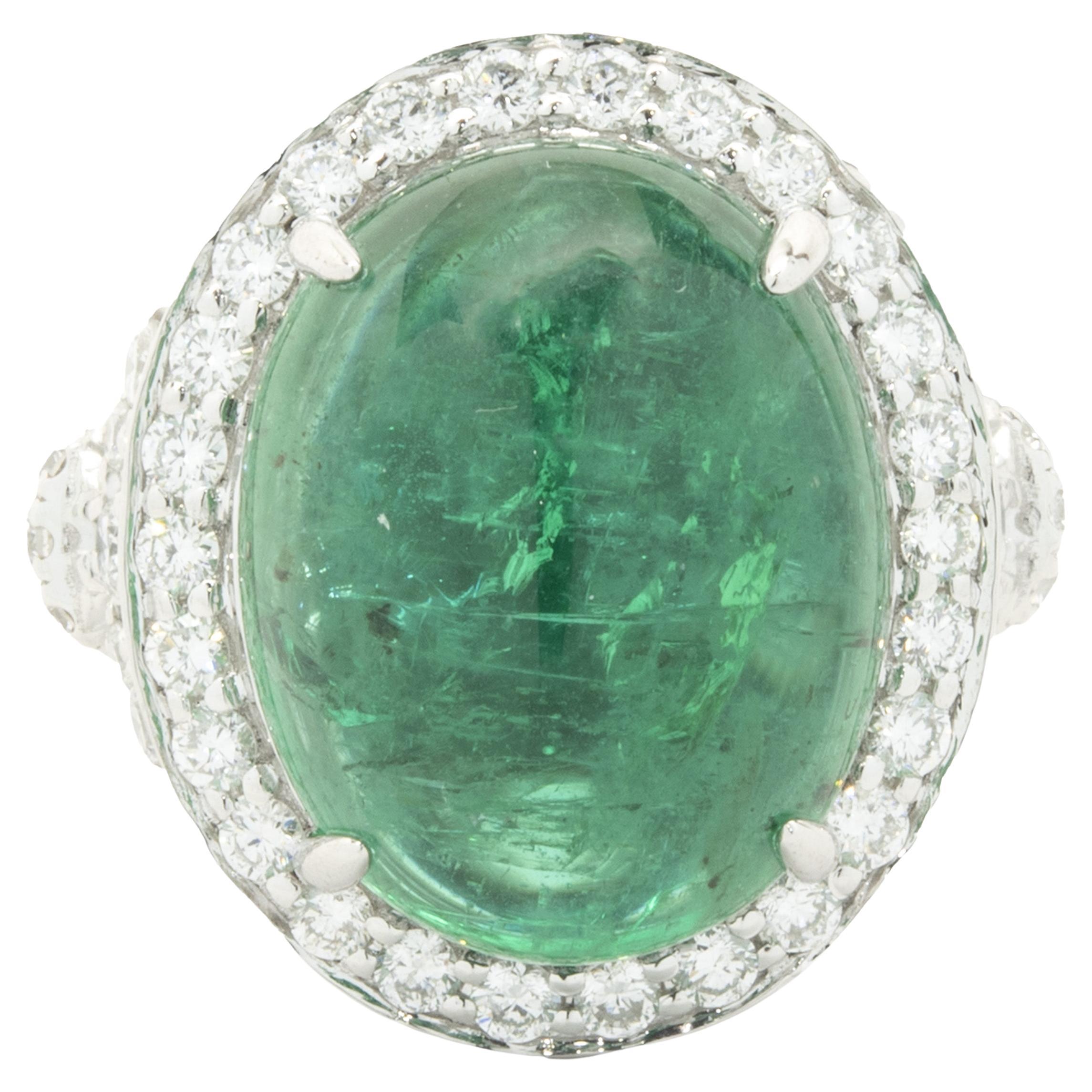 Platinum Cabochon Cut Emerald and Diamond Cocktail Ring
