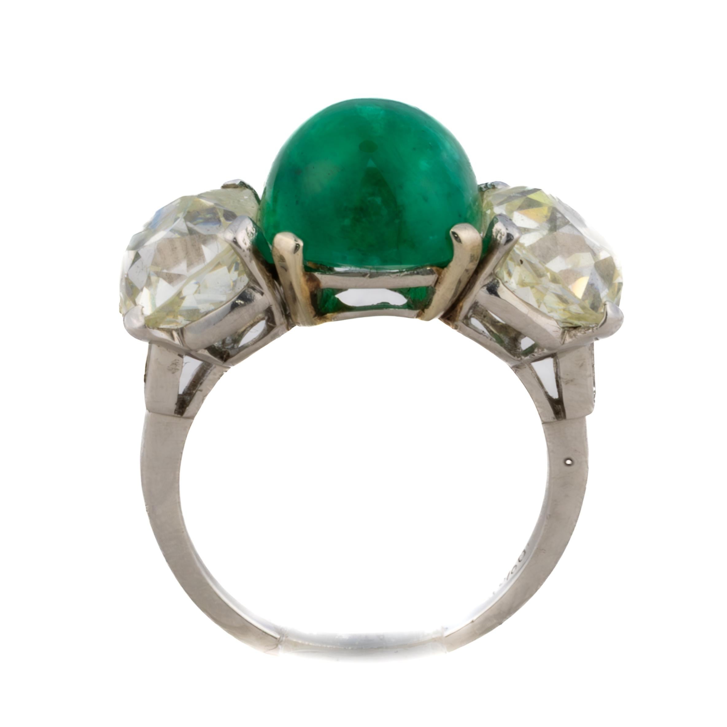 Retro Platinum Cabochon Emerald and Old Mine Cut Diamond Three-Stone Ring For Sale