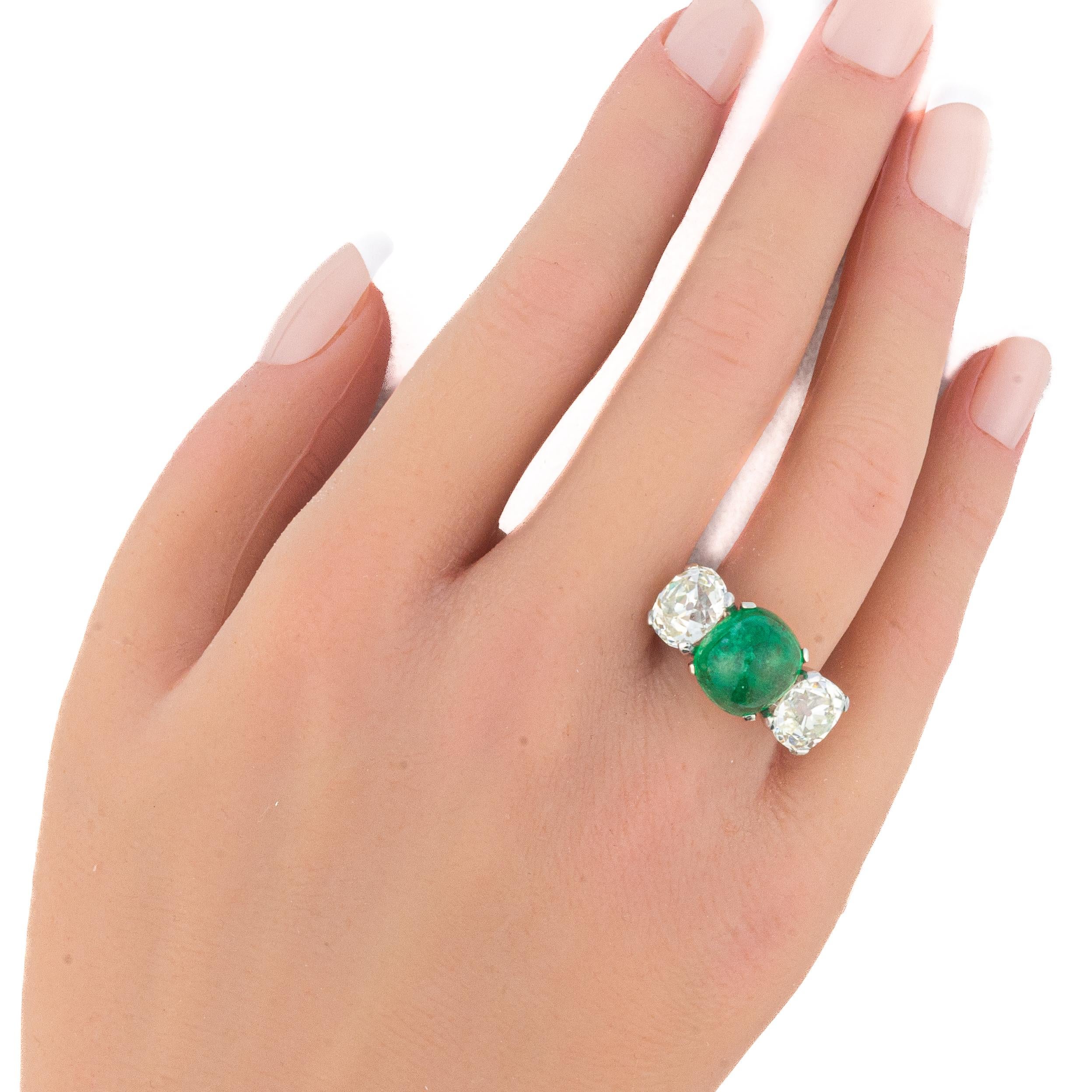 Women's Platinum Cabochon Emerald and Old Mine Cut Diamond Three-Stone Ring For Sale