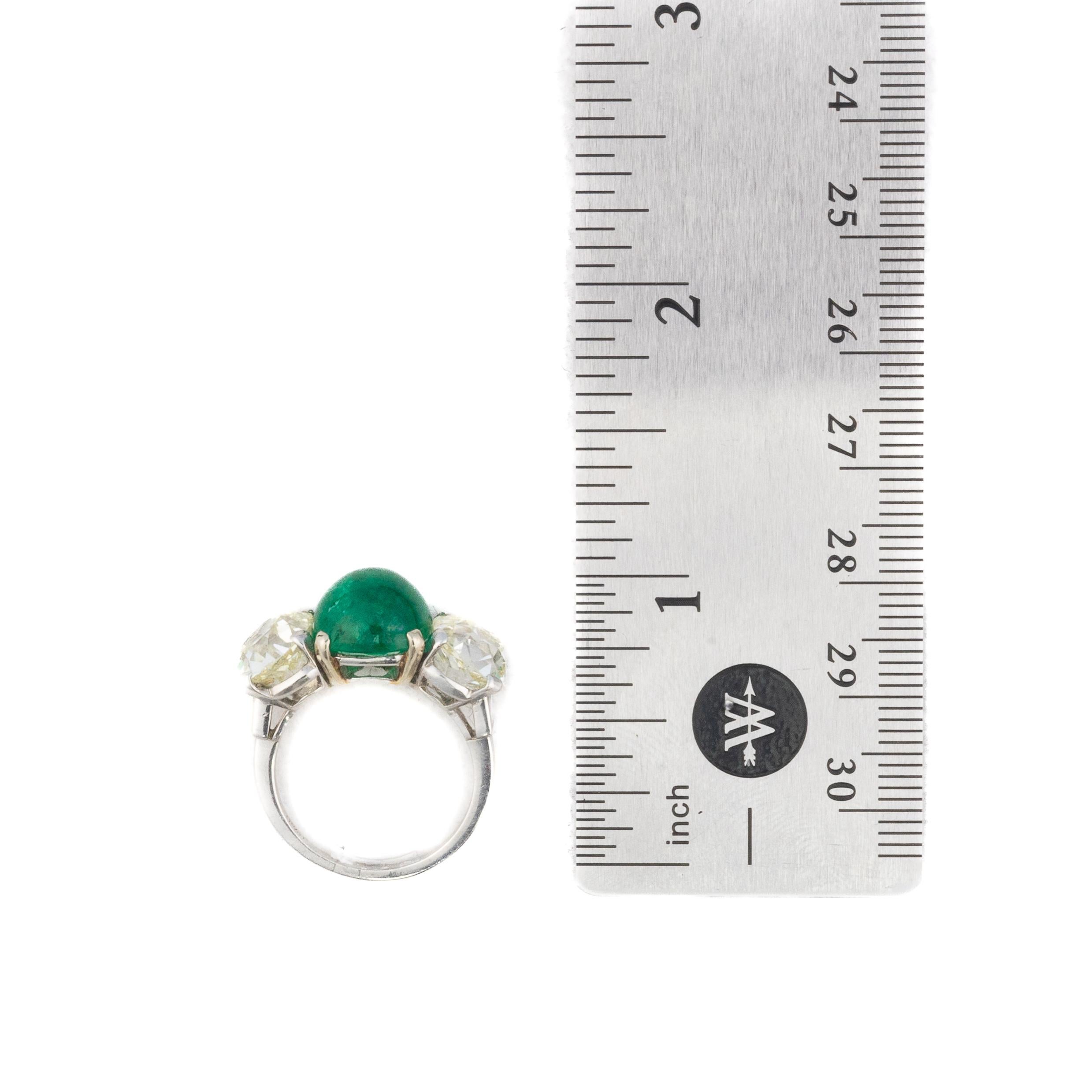 Platinum Cabochon Emerald and Old Mine Cut Diamond Three-Stone Ring For Sale 1