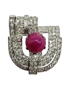 Platinum Cabochon Ruby and Diamond Brooch