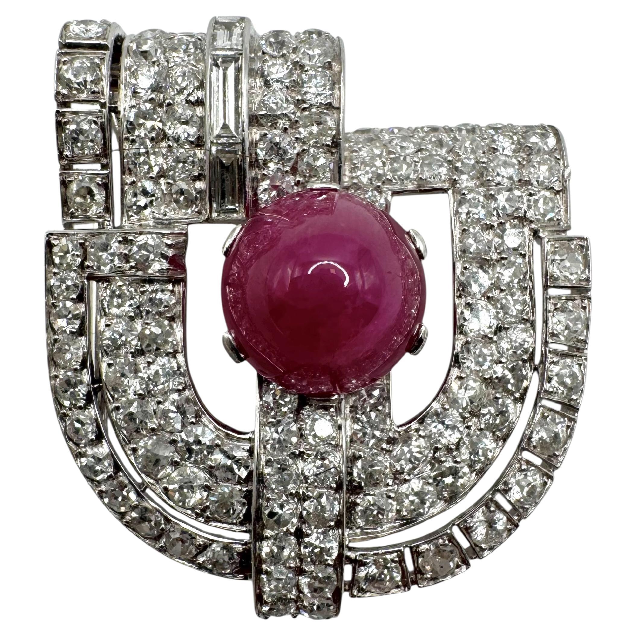 Platinum Cabochon Ruby and Diamond Brooch